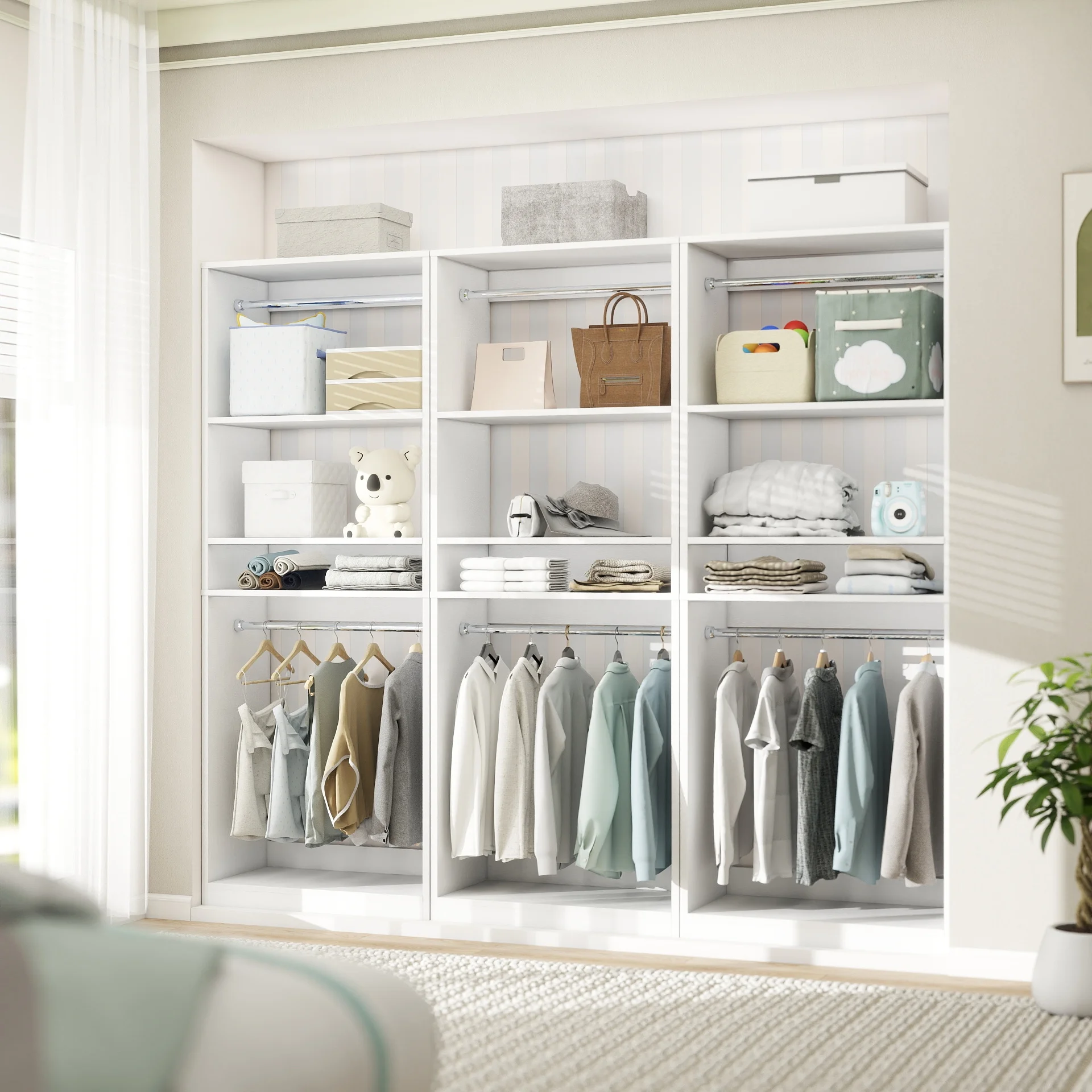 Homieasy 25�?Closet System, Freestanding Closet Organizer Wardrobe with Hanging Rods and Shelves, Adjustable Clothes Garment Rack, Sturdy Walk in Closet Tower, White