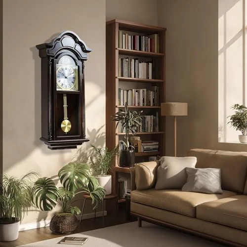 ? 26IN Grandfather Vintage Wall Clock with Pendulum and Chime, Hour/Quarter-Hour Chime, Elmwood Frame, Large Vintage Wall Clock for Living Room,Home Decor Gift