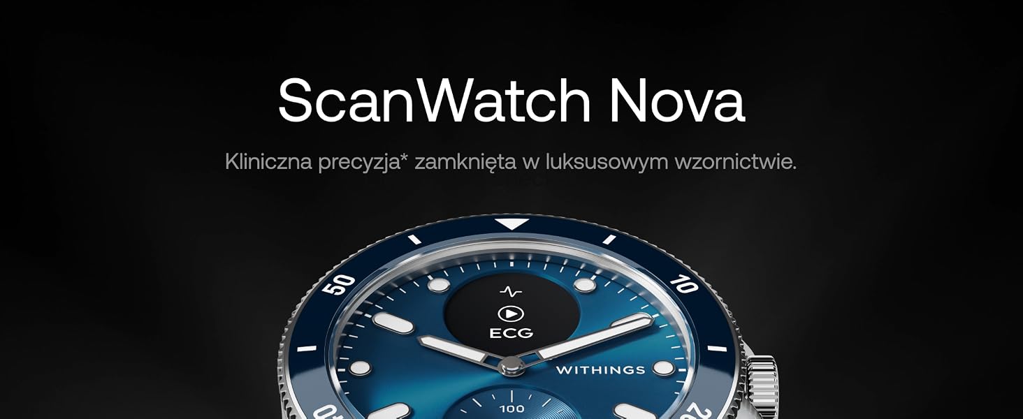 Smartwatch ScanWatch Nova z niebieską okrągłą tarczą, srebrną ramką i metalicznym wykończeniem wyświetlanym na ciemnym tle