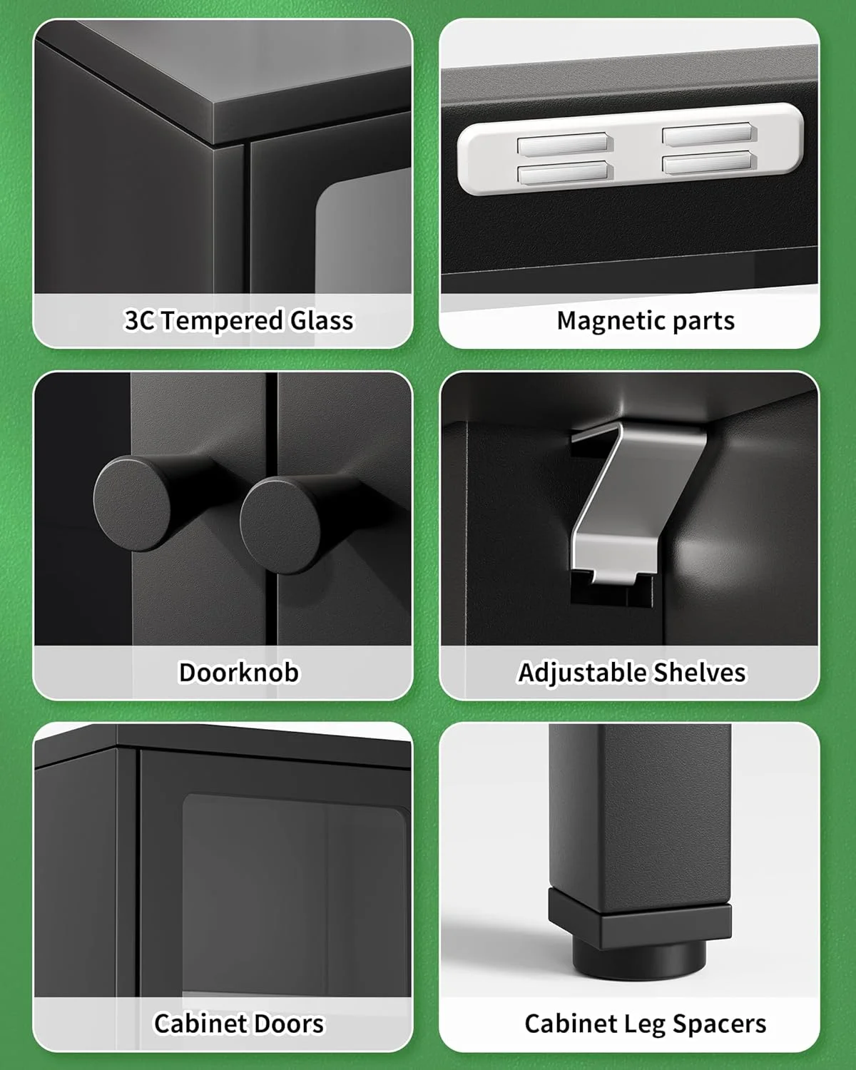 SUNCROWN Metal Storage Cabinet, Curio Display Cabinet with 2 Glass Display Door and 4 Shelves, Side Storage Organize, Modern Bookshelf Cabinet for livingroom, Bedroom, Kitchen, Black - Image 10