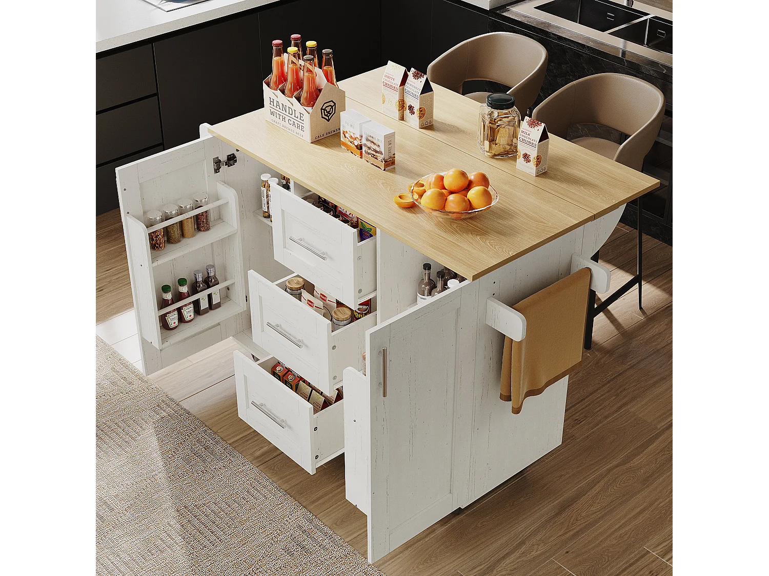 Ilot central de cuisine - chariot à roulette avec plateau extensible - 3 tiroirs et 2 portes - Blanc