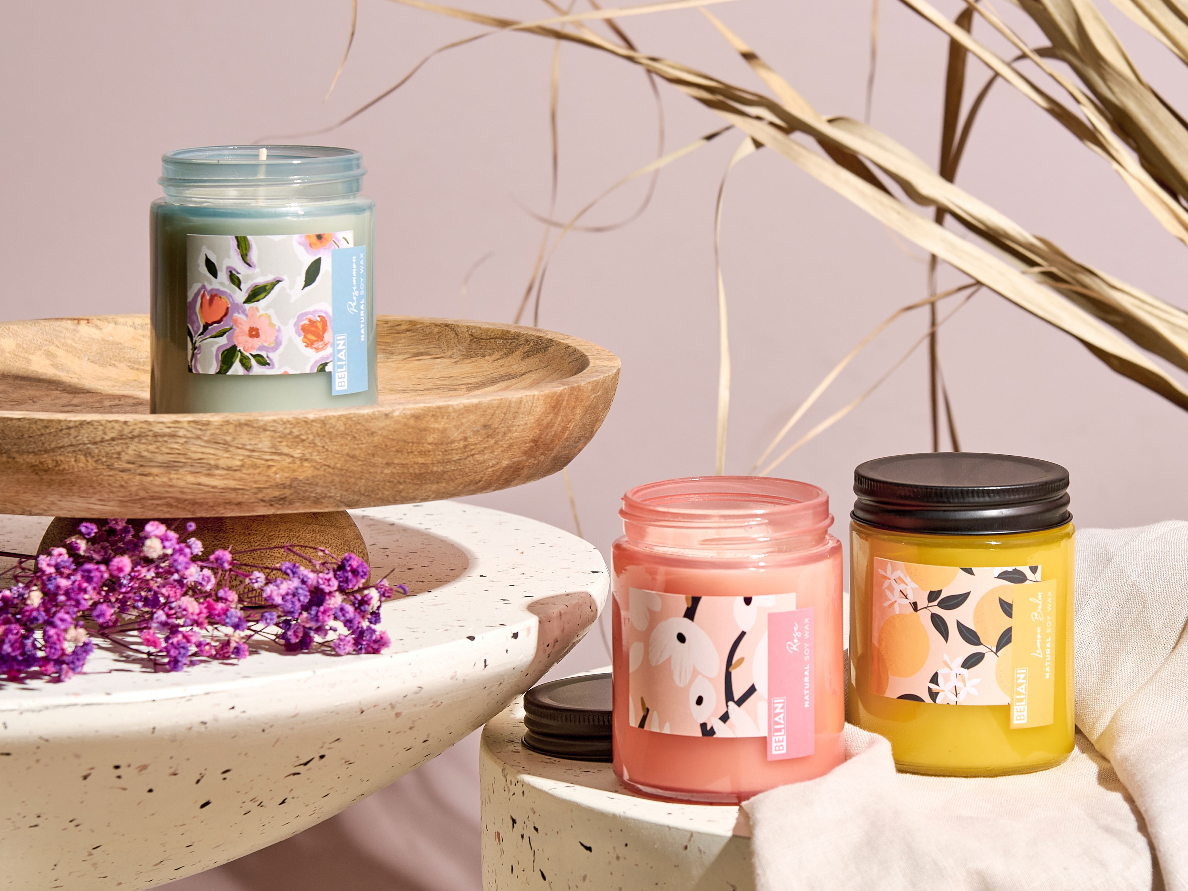 Set of 3 Scented Candles FRUITY BLOOM Soy Wax Oriental Notes Herb Notes Floral Notes