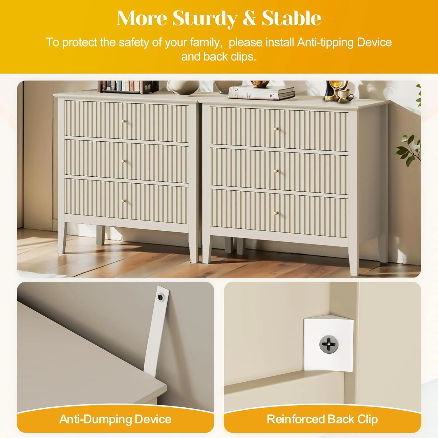 May Color Large White 3 Drawer Dresser Set of 2 with Fluted Panel, Modern Chest of Drawers with Silent Slide Drawers, Wood Accent Nightstand with Storage for Bedroom Living Room, Hallway - Image 81