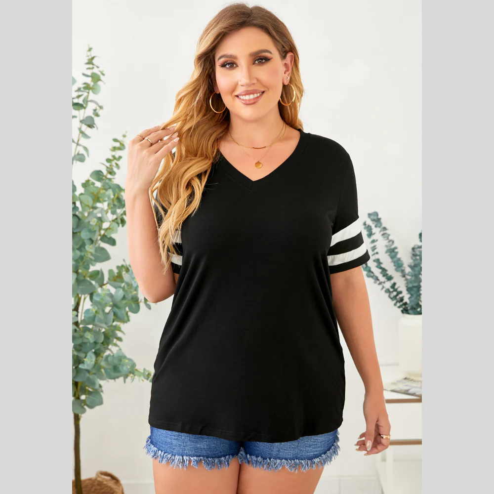 Plus Size Striped V-Neck Tee Shirt - ZKZOOK
