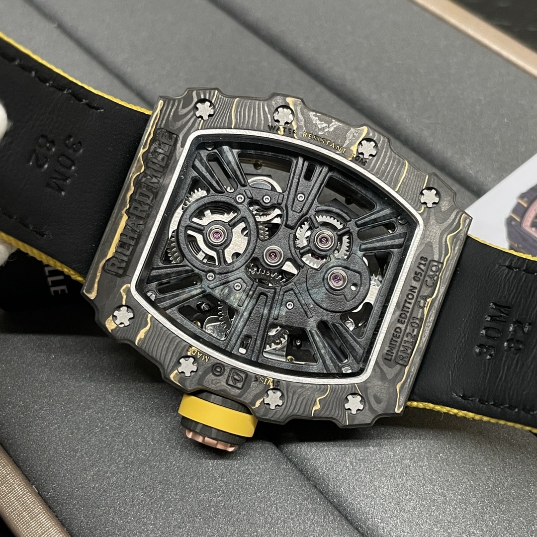 Swiss Replica Richard Mille RM 12-01 Tourbillon Watch �C Bold Yellow Fabric Strap, Carbon Fiber Barrel Case, Skeleton Dial - Top club