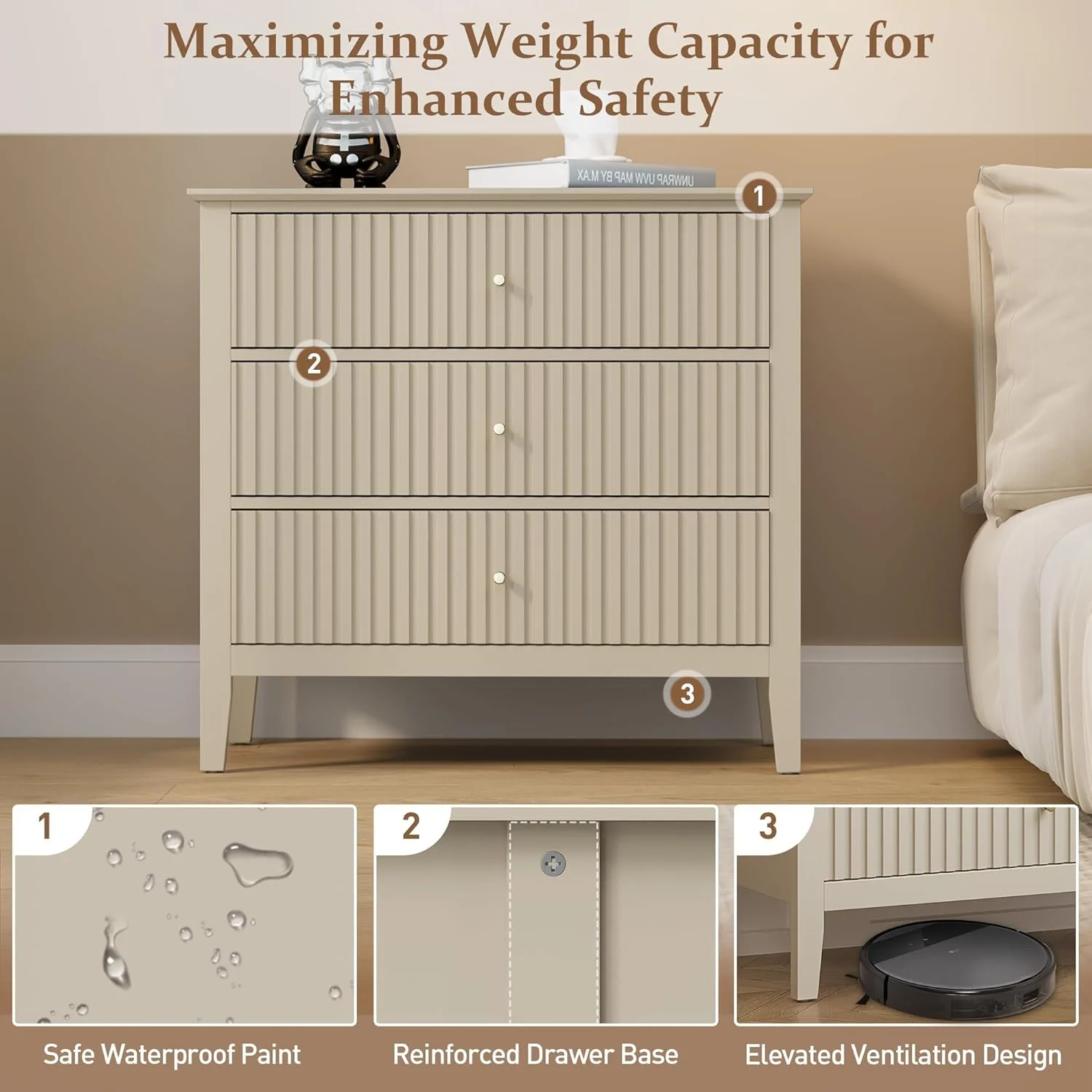 Heynemo Beige 6 Drawer Dresser, Fluted Modern Wood Chest - Image 61