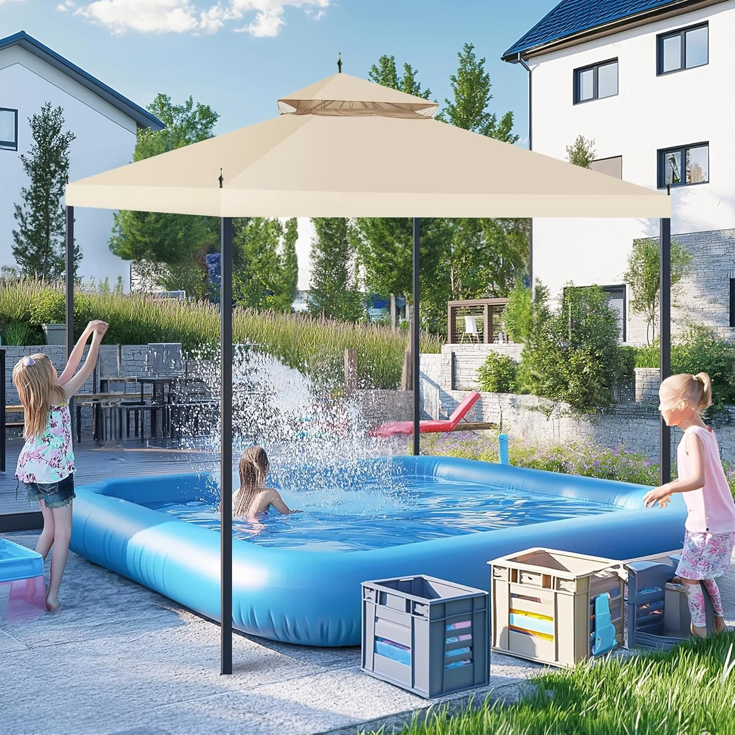 10x10Ft Canopy Top Replacement PU Water Resistance Arrow Gazebo Dual Tier Outdoor Patio Canopy Cover Party Backyard Garden Beige