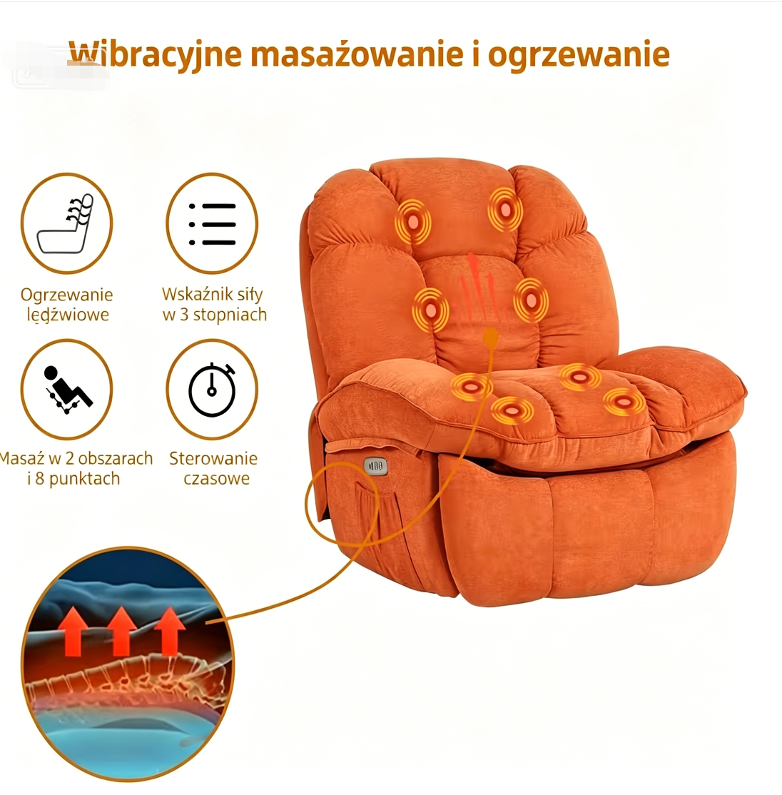 Obrotowy fotel bujany z masażem wibracyjnym i funkcją podgrzewania