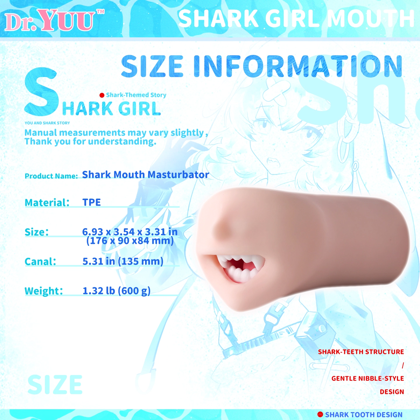 Dr.YUU shark mouth oral masturbator specifications with 1.32 lb weight and 5.3 inch canal