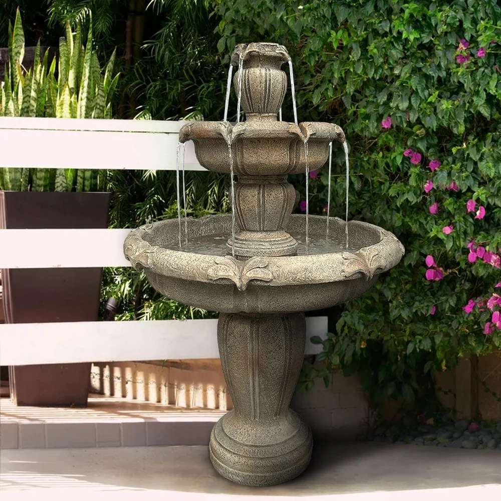 Indoor/Outdoor 3-Tiers Concrete Floor Water Fountain with Electric Pump for Patio Lawn Home Decor