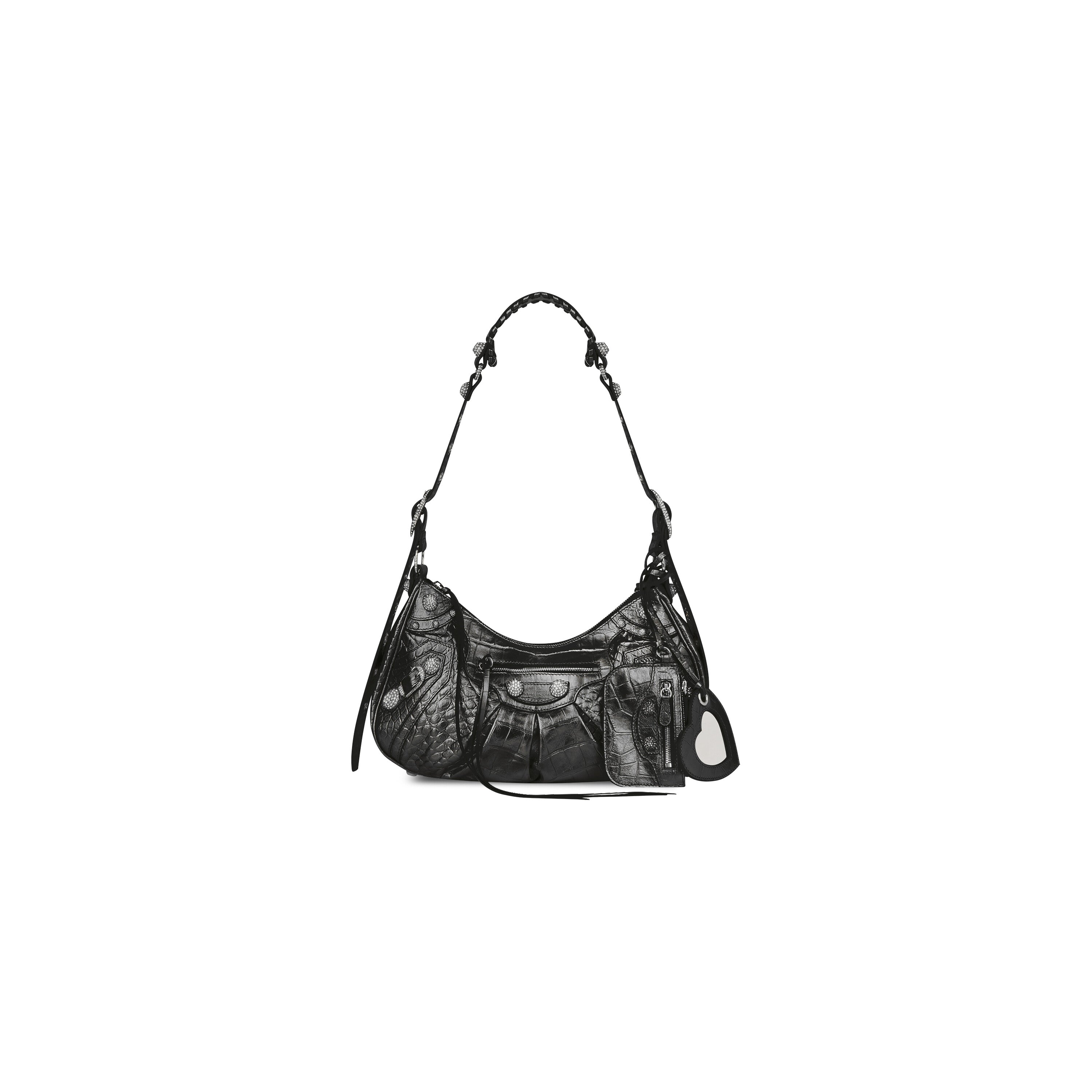 WOMEN'S LE CAGOLE SMALL SHOULDER BAG METALLIZED CROCODILE EMBOSSED WITH RHINESTONES IN GREY - Replicaclubs