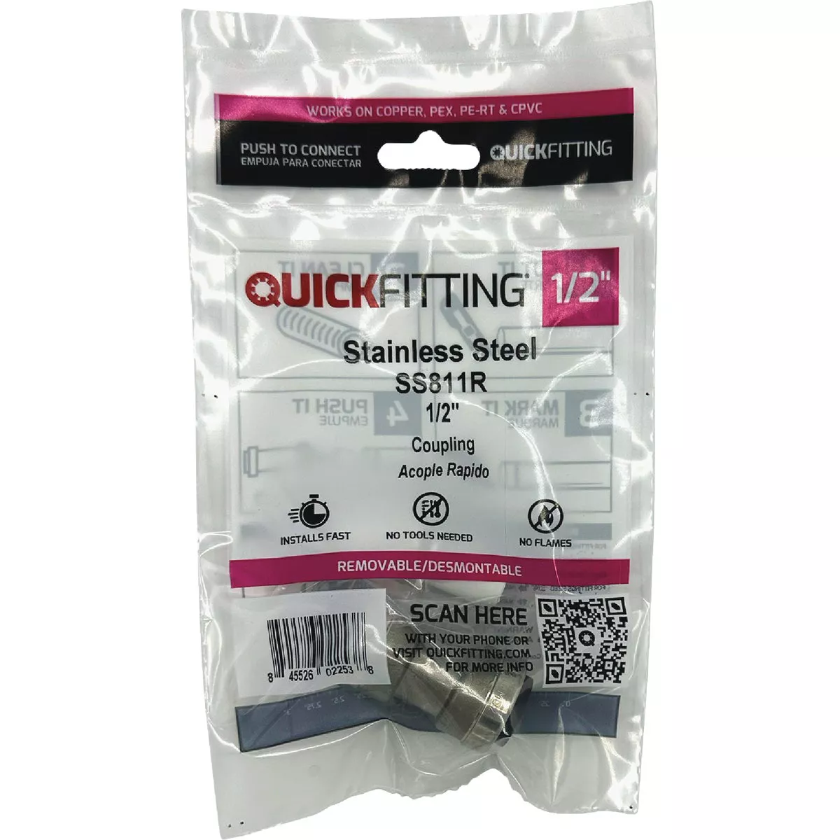 QuickFitting 1/2 In. Push-to-Connect Stainless Steel Straight Coupling