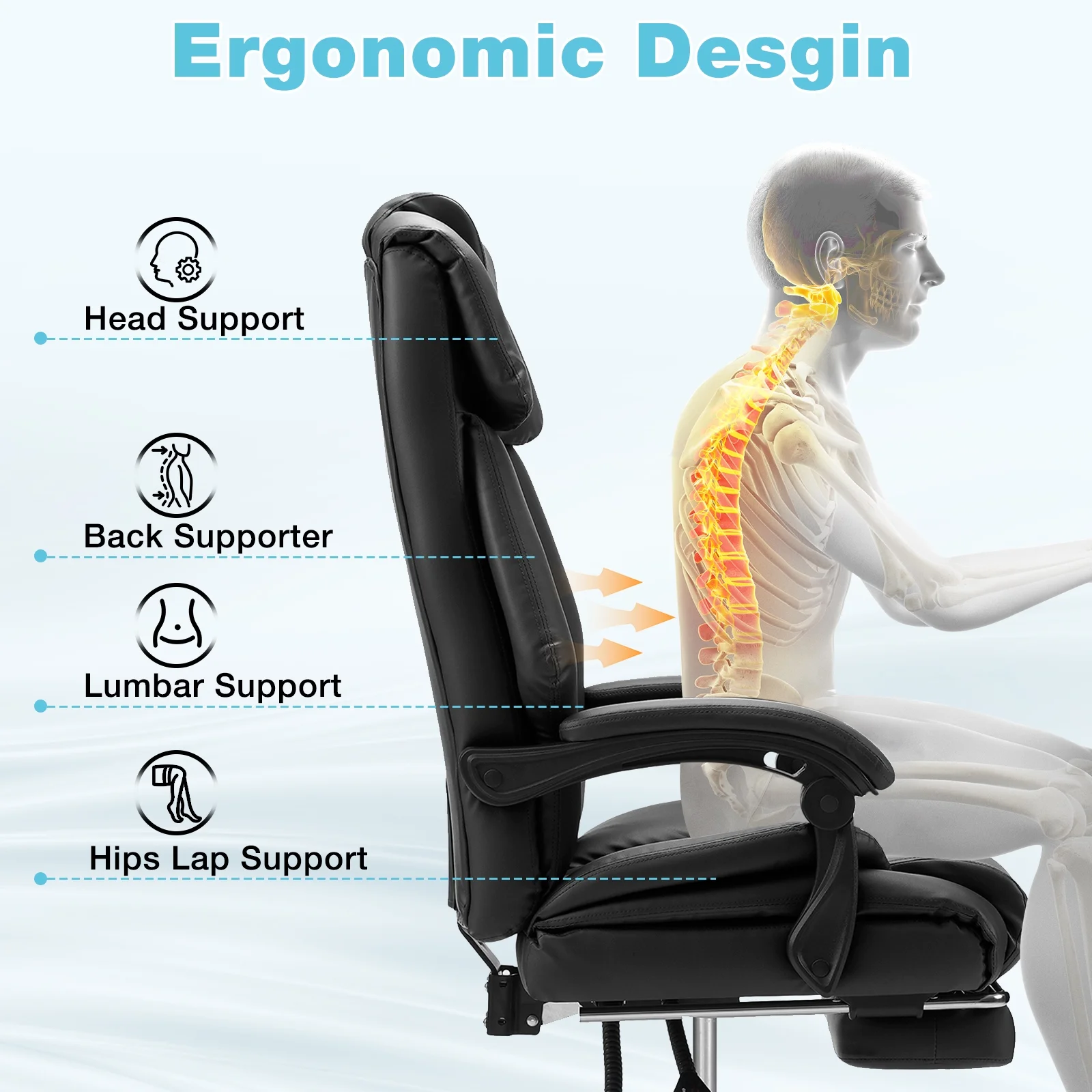 Hoffree Executive Office Chair Big and Tall Office Chair with Footrest Reclining Leather Chair High Back Ergonomic Computer Desk Chair with Lumbar Back Support for Home Office 500lbs, Black - Image 11