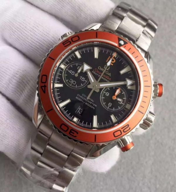Replica Omega Planet Ocean 45mm Chrono Orange Bezel Black Dial SS Bracelet A7750 - Elite Watch Atelier