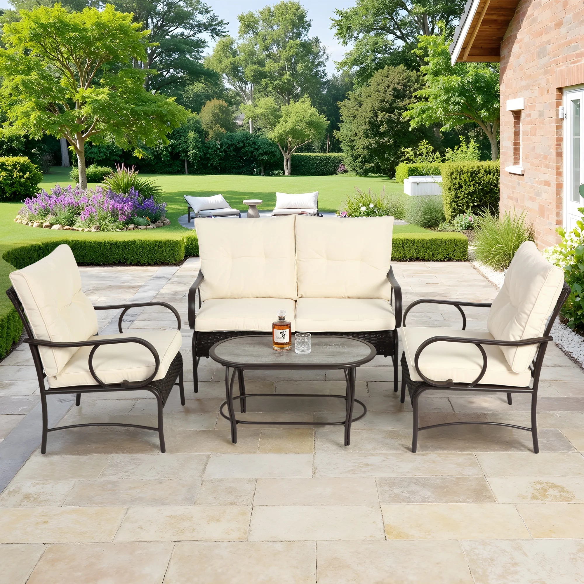 Patio Sofa Set, 4 Pieces Outdoor Sectional Furniture, All-Weather PE Rattan Wicker Patio Conversation Set, Cushioned Sofa Set with Coffee Table for Patio Garden Poolside Deck - Image 20