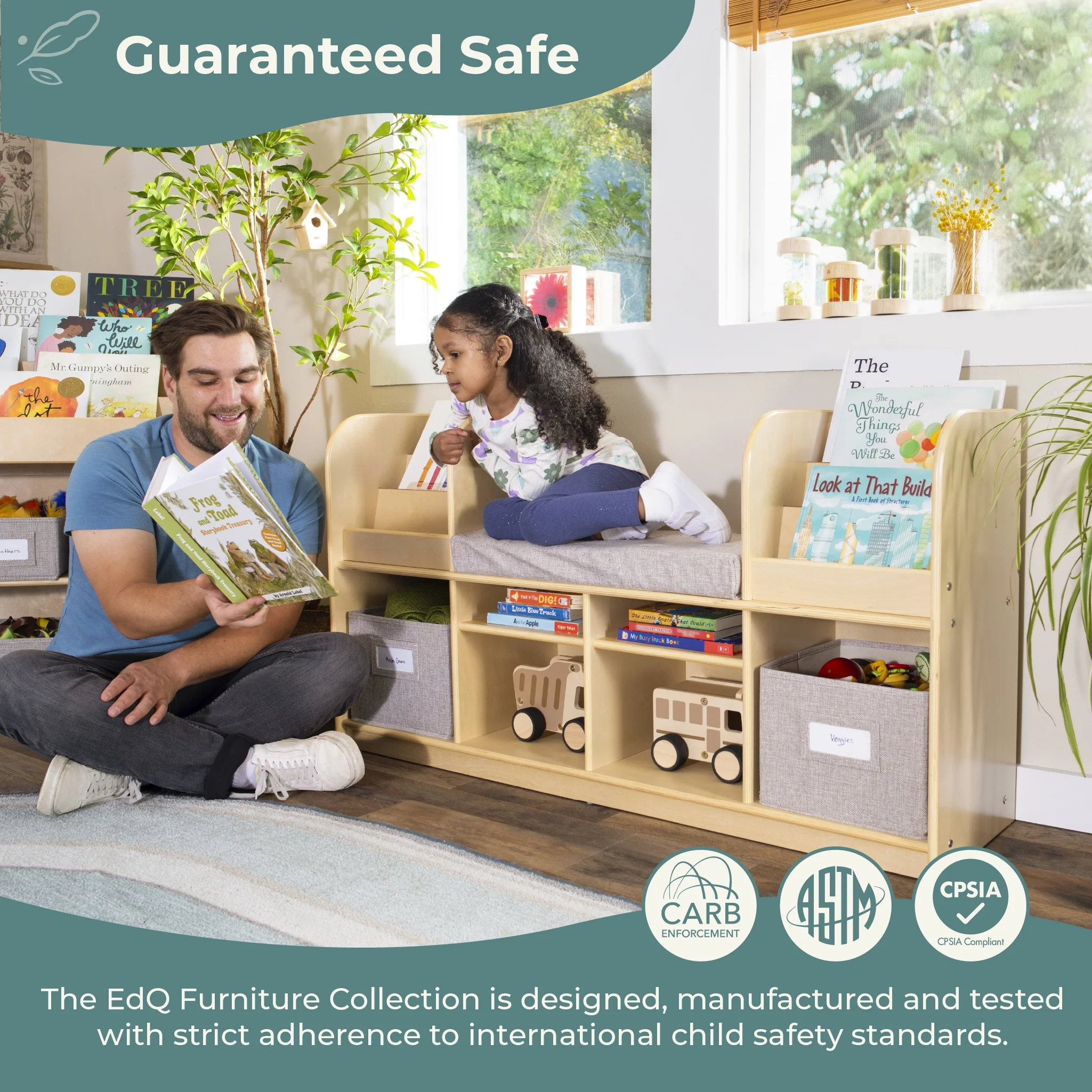 Guidecraft EdQ Reading Nook - Natural: Children's Wooden Bedroom Reading Bench, Kids' Bookshelf, Toy Cubby Organizer and Cube Storage