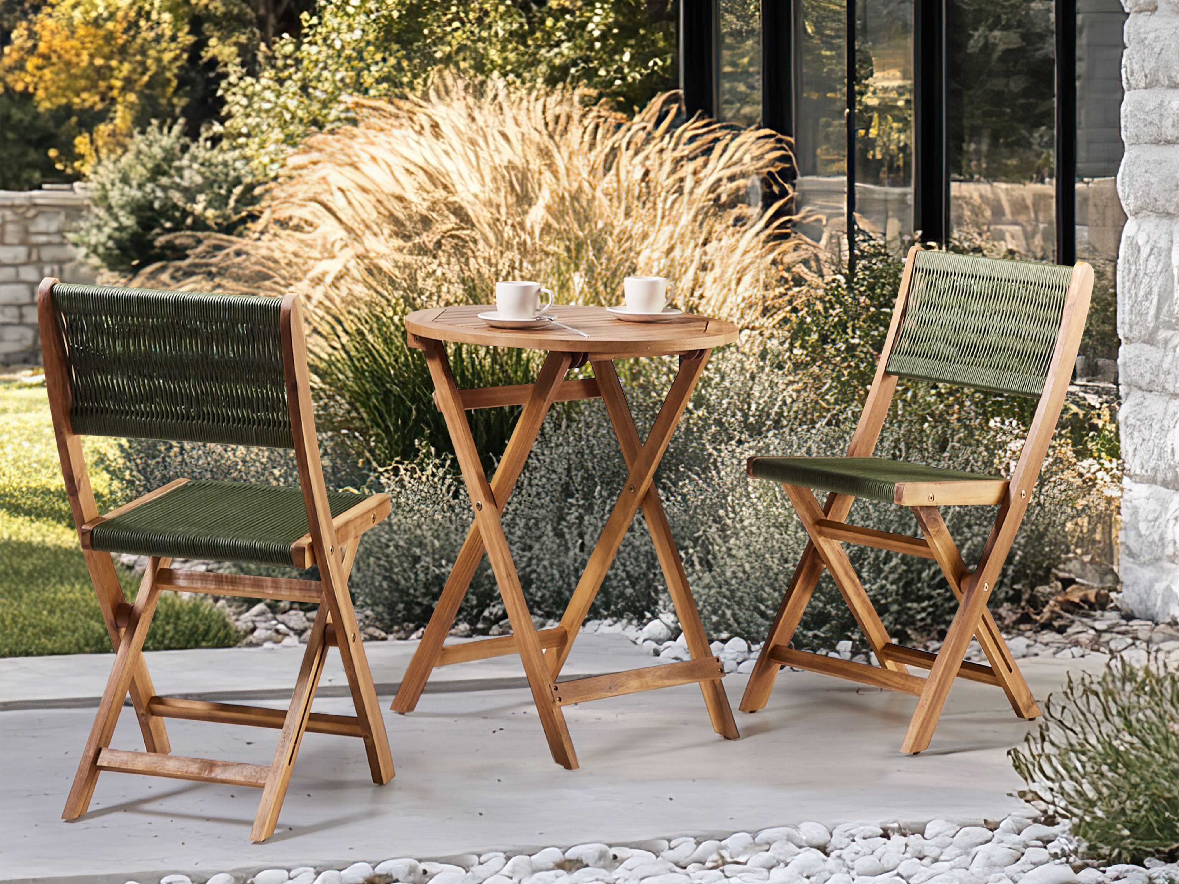 Bistro Set Folding PROSSEDI Acacia Wood Green