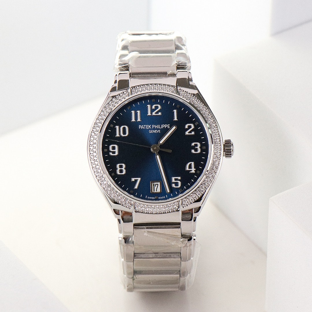 Fake Diamond Watch Replica Patek Philippe Twenty~4 Ladies Stainless Steel Blue Sunburst Dial 7300/1200A-001(1:1 replica) - Top club