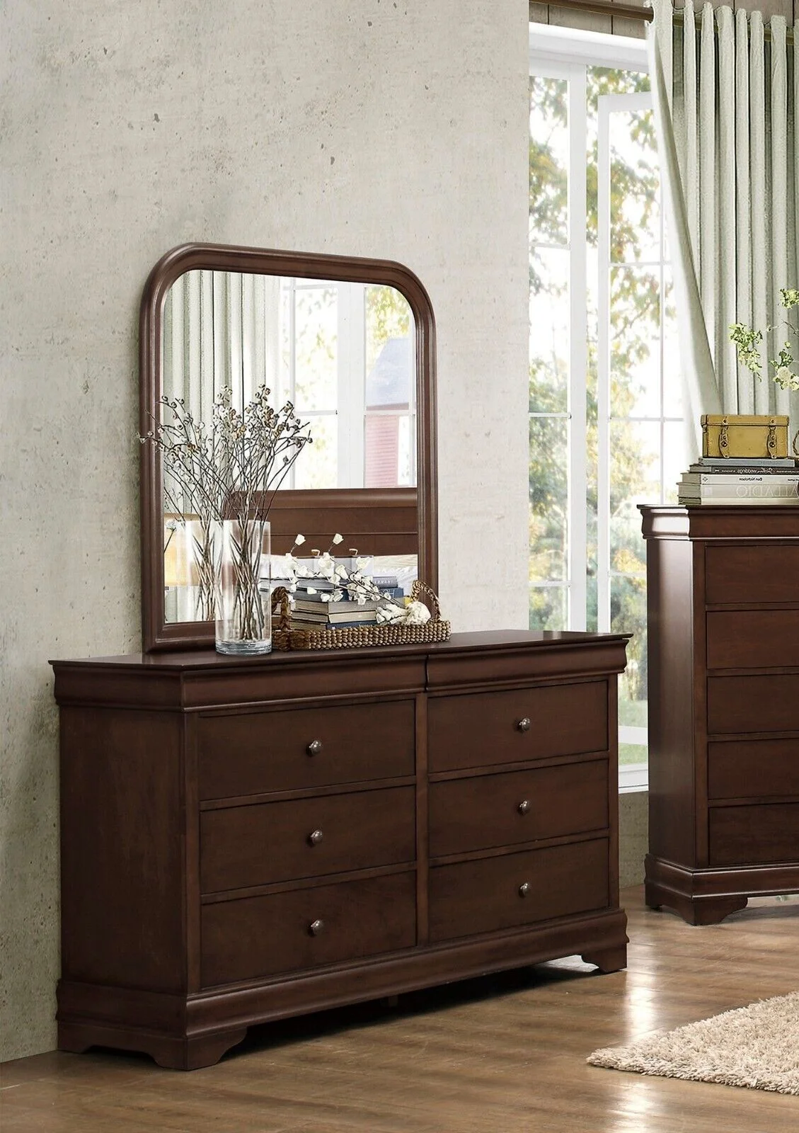6pc Classic Style Full Sleigh Bed Dresser Mirror Nightstand Chest Wooden Bedroom Furniture Set Brown Cherry Finish