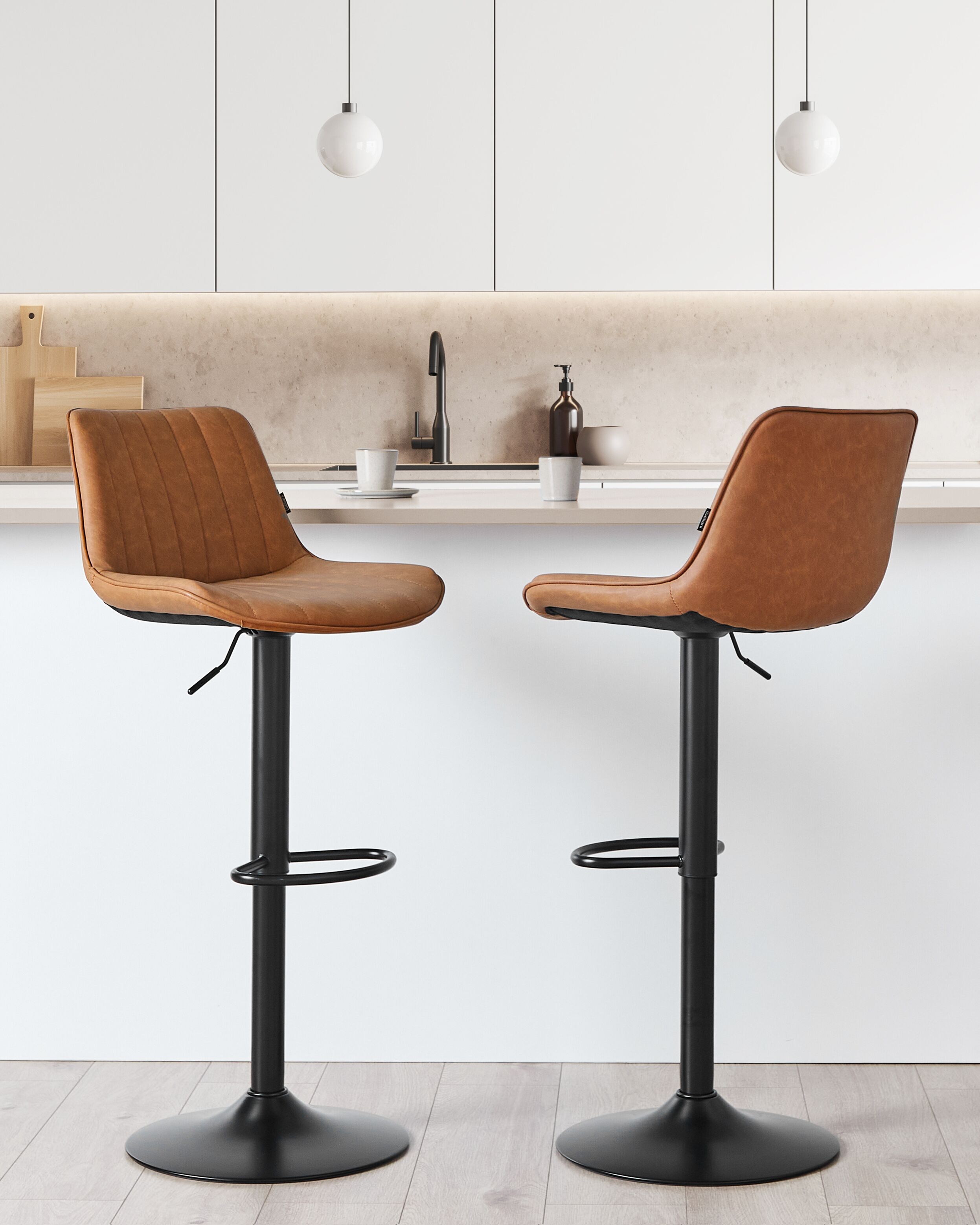 Set of 2 Bar Chairs DUBROVNIK Faux Leather Swivel Golden Brown