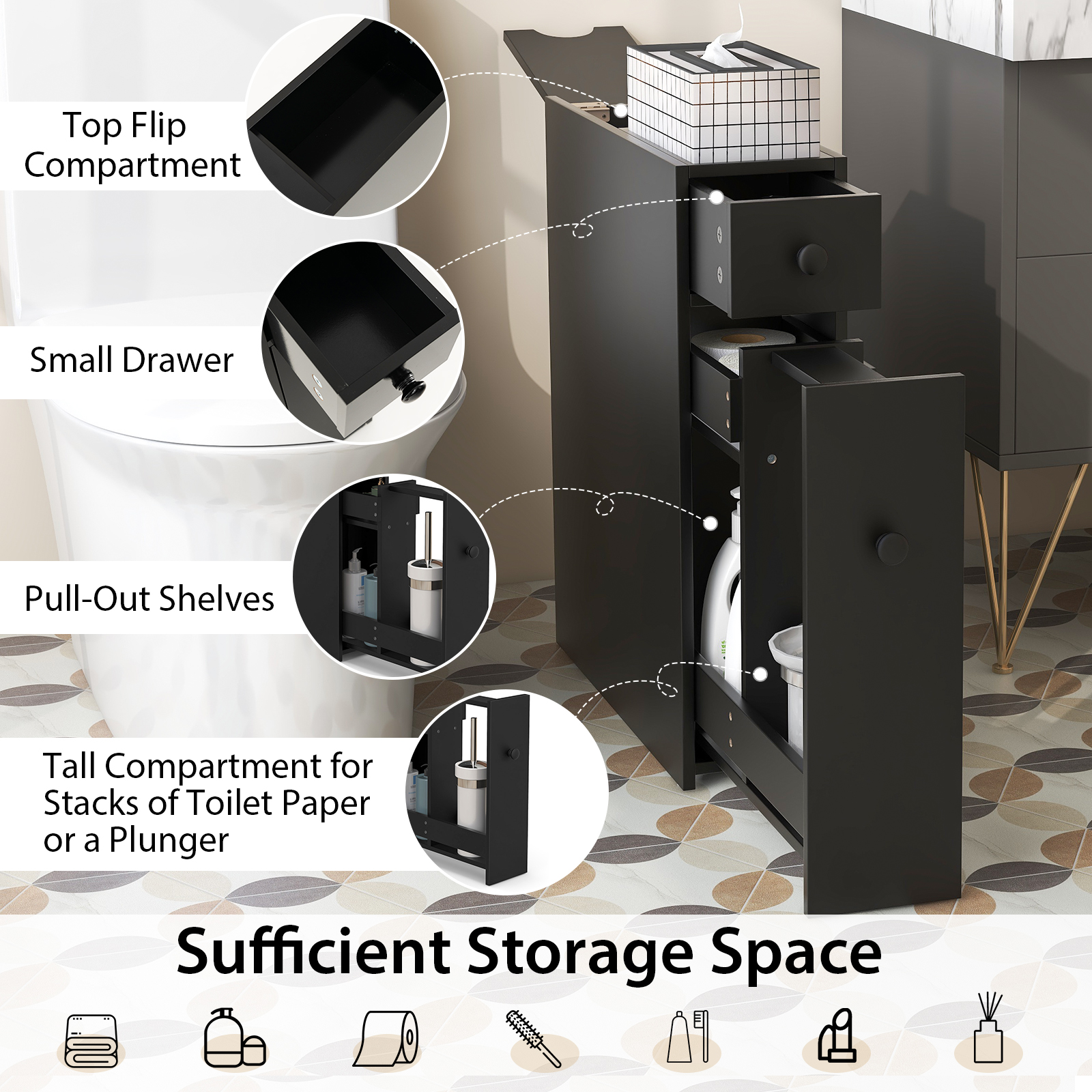 Topbuy Slim Bathroom Storage Cabinet Freestanding Toilet Paper Holder with Slide Out Drawers for Small Spaces White - Image 13