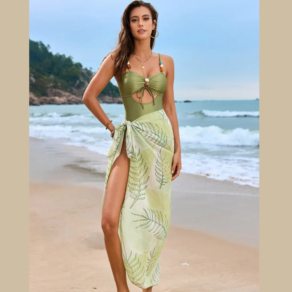 Cutout Sweetheart Neck One-Piece Swimwear and Cover-Up Swim Set - ZKZOOK
