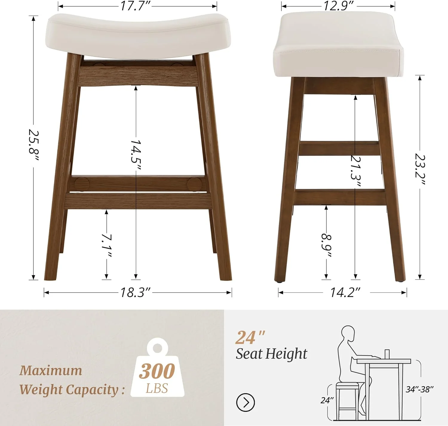Dycanpo Saddle Seat Counter Height Bar Stools Set of 3 for Kitchen, Dining, 24in, Beige-Fabric - Image 15