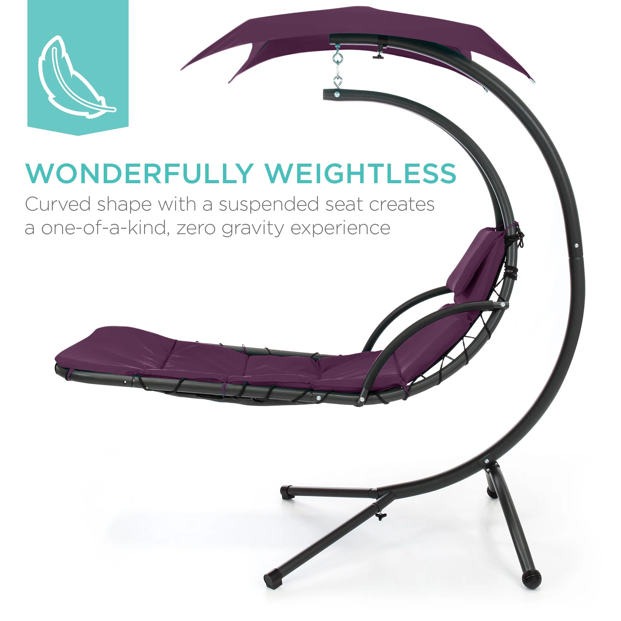 Best Choice Products Hanging Curved Chaise Lounge Chair Swing for Backyard, Patio w/ Pillow, Shade, Stand - Teal - Image 56