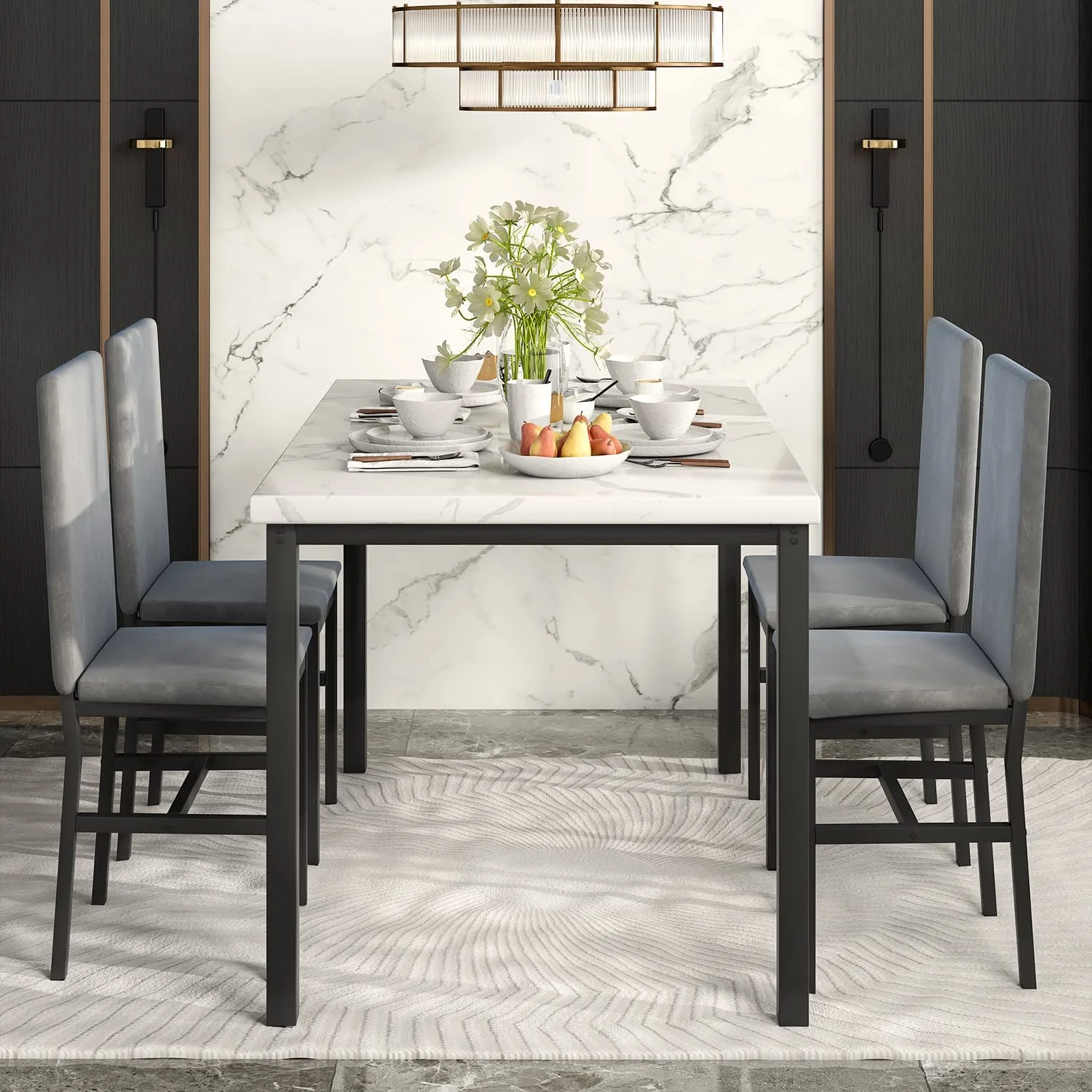 5 Piece Dining Set, Modern Dining Table and Chairs Set for 4, Counter Height Bar Table Set, Modern Pub Table with 4 Velvet Fabric Cushioned Stools, Faux Marble Dining Table & Stools Set, D9297 - Image 10