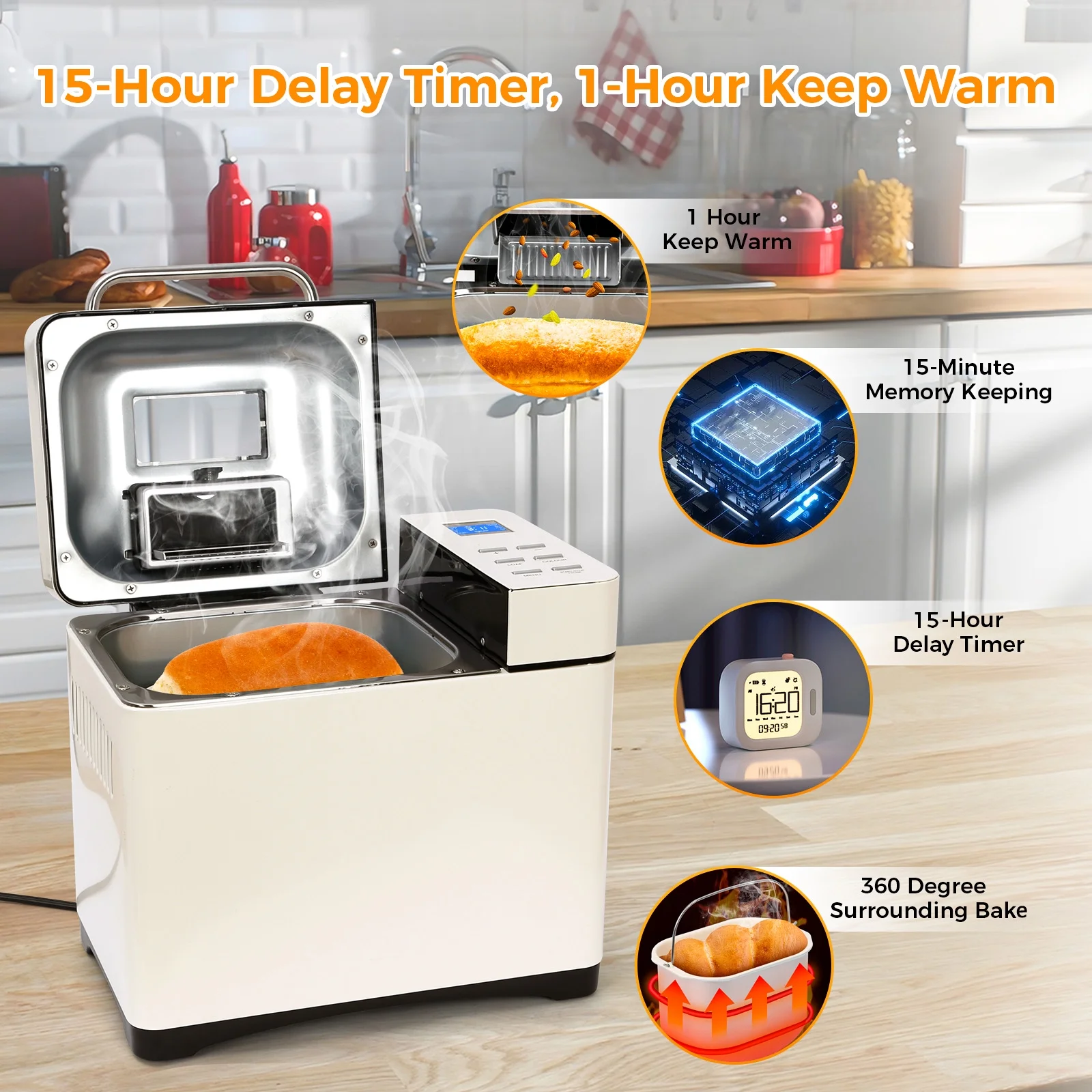 KBS 19-in-1 2LB Bread Maker Machine with Dual Heaters& Auto Nut Dispenser,Ceramic Pan with 2 kneading paddle,15 Hour delay timer&1 hour keep warm Model#013A - Image 4