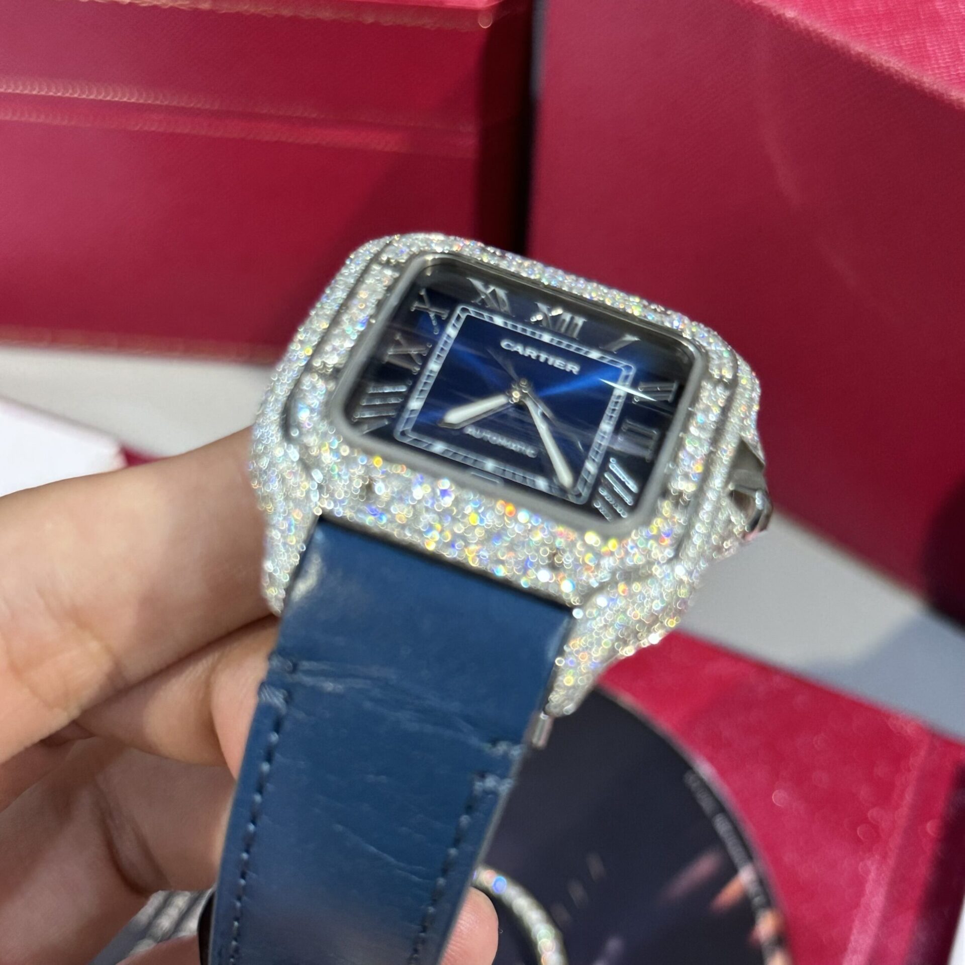 Cartier Santos Replica Watch Blue Dial Custom Moissanite Diamonds 39.8mm - Top club