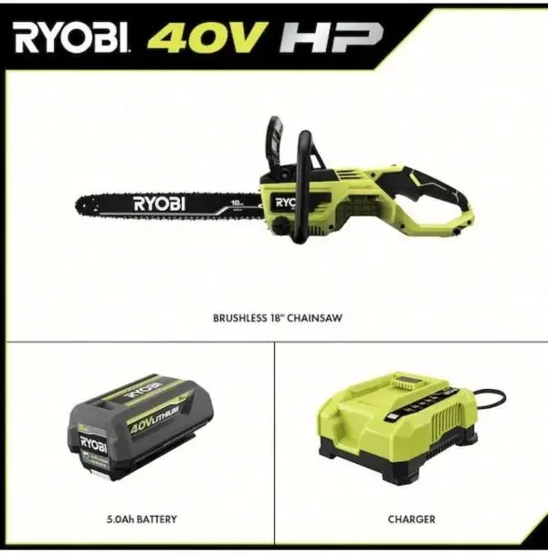 RYOBI 40V 18-Inch Cordless Chainsaw Kit With Battery And Charger - Green - Image 2 RYOBI 40V 18-Inch Cordless Chainsaw Kit With Battery And Charger - Green - Image 2