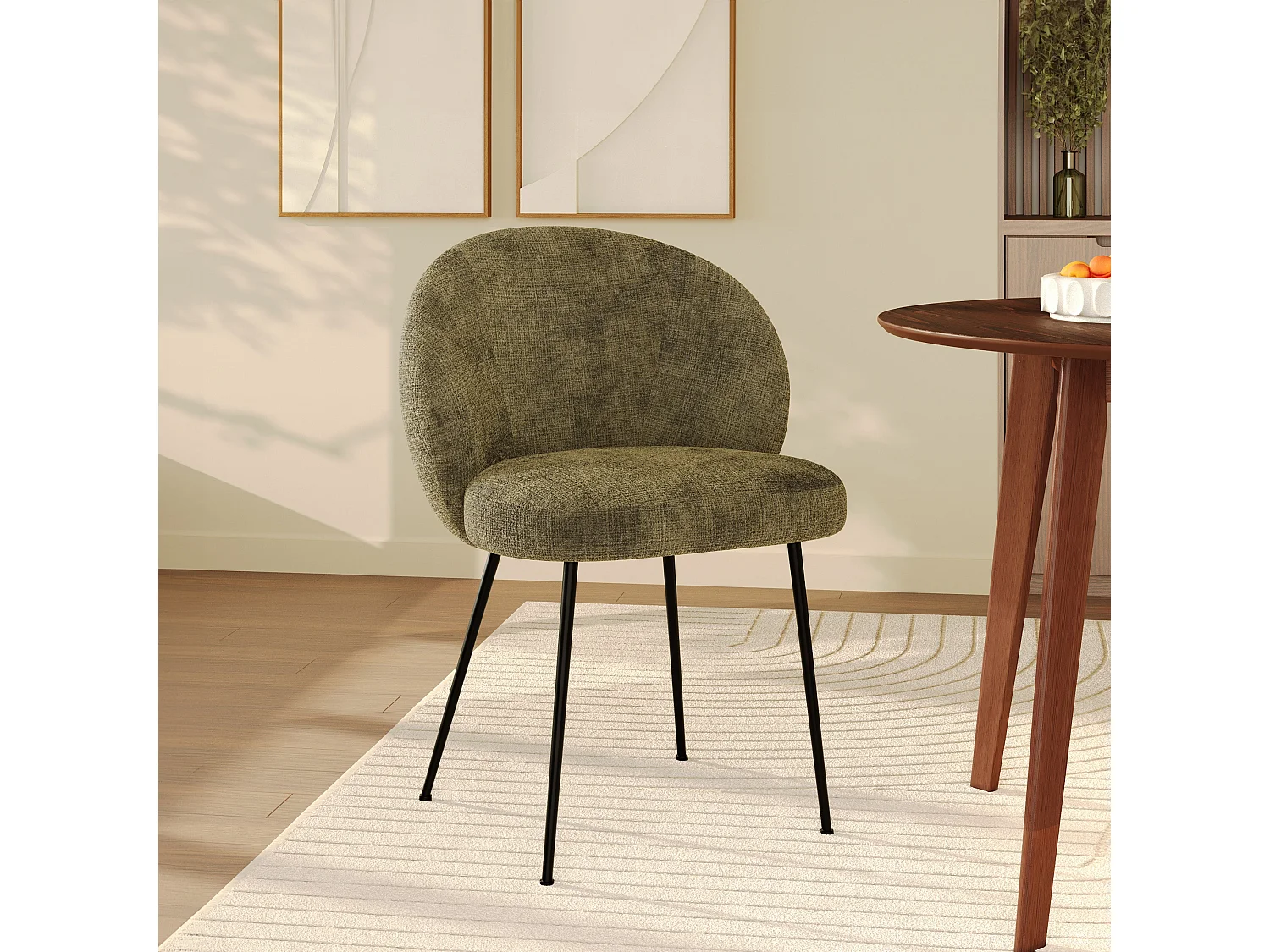 Chaise en velours chenillé vert olive et métal noir - Bloomy