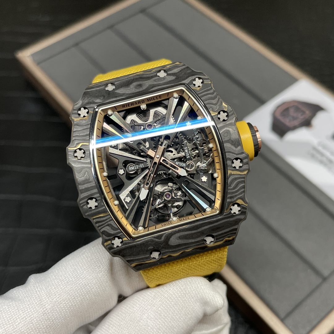 Swiss Replica Richard Mille RM 12-01 Tourbillon Watch �C Bold Yellow Fabric Strap, Carbon Fiber Barrel Case, Skeleton Dial - Top club