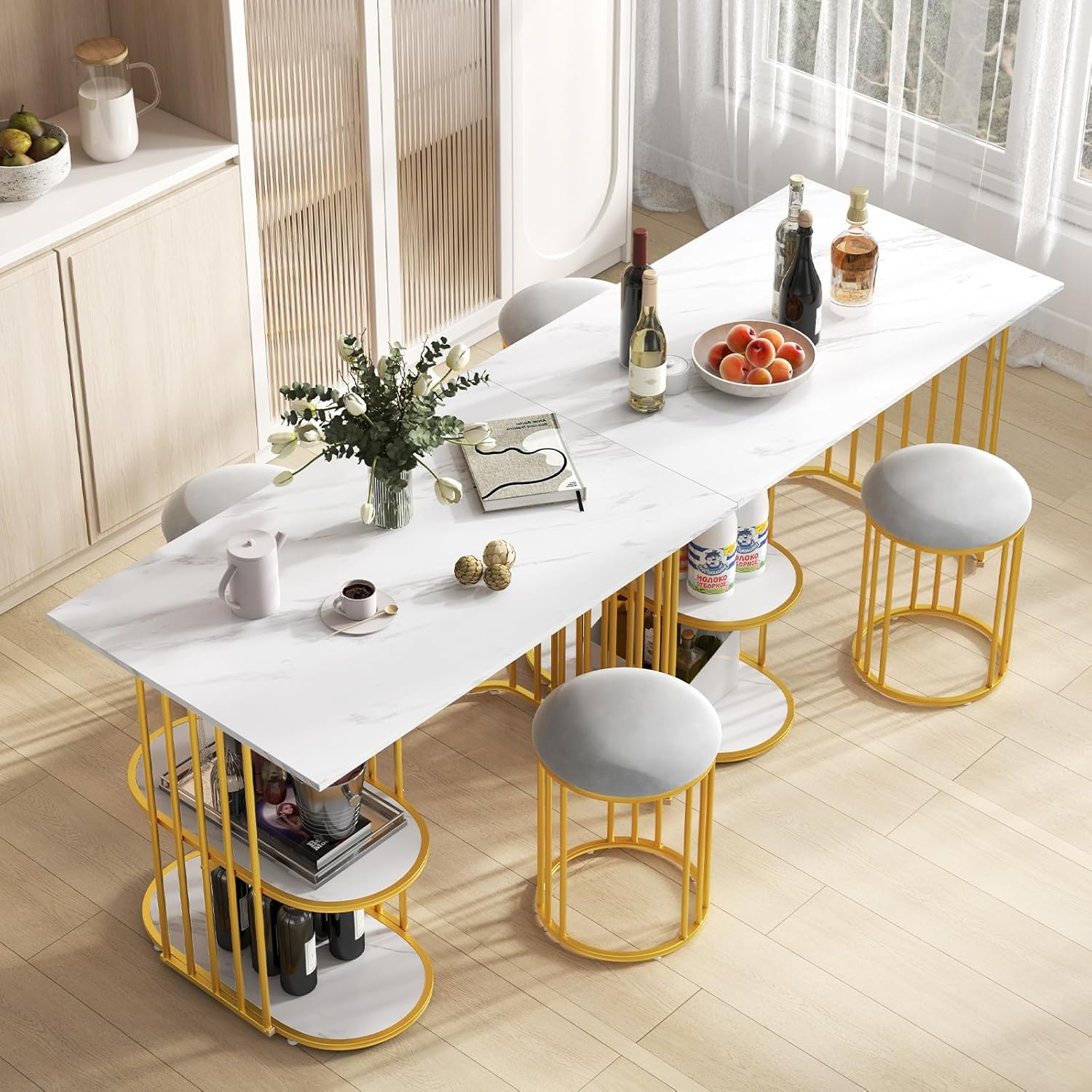 Giantex 3-Piece Dining Table Set for 2, Rectangular Kitchen Table with 2 Stools, 2-Tier Storage Shelf, Upholstered Seat, Faux Marble Top, Metal Frame, Dinette Desk, Breakfast Desk for Small Space