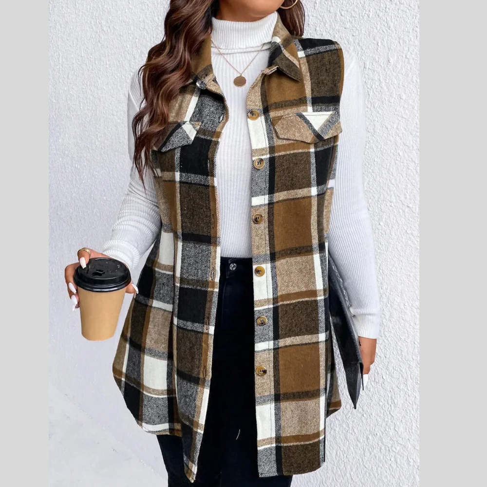 Honey Plus Size Pocketed Plaid Button Up Vest Coat - ZKZOOK