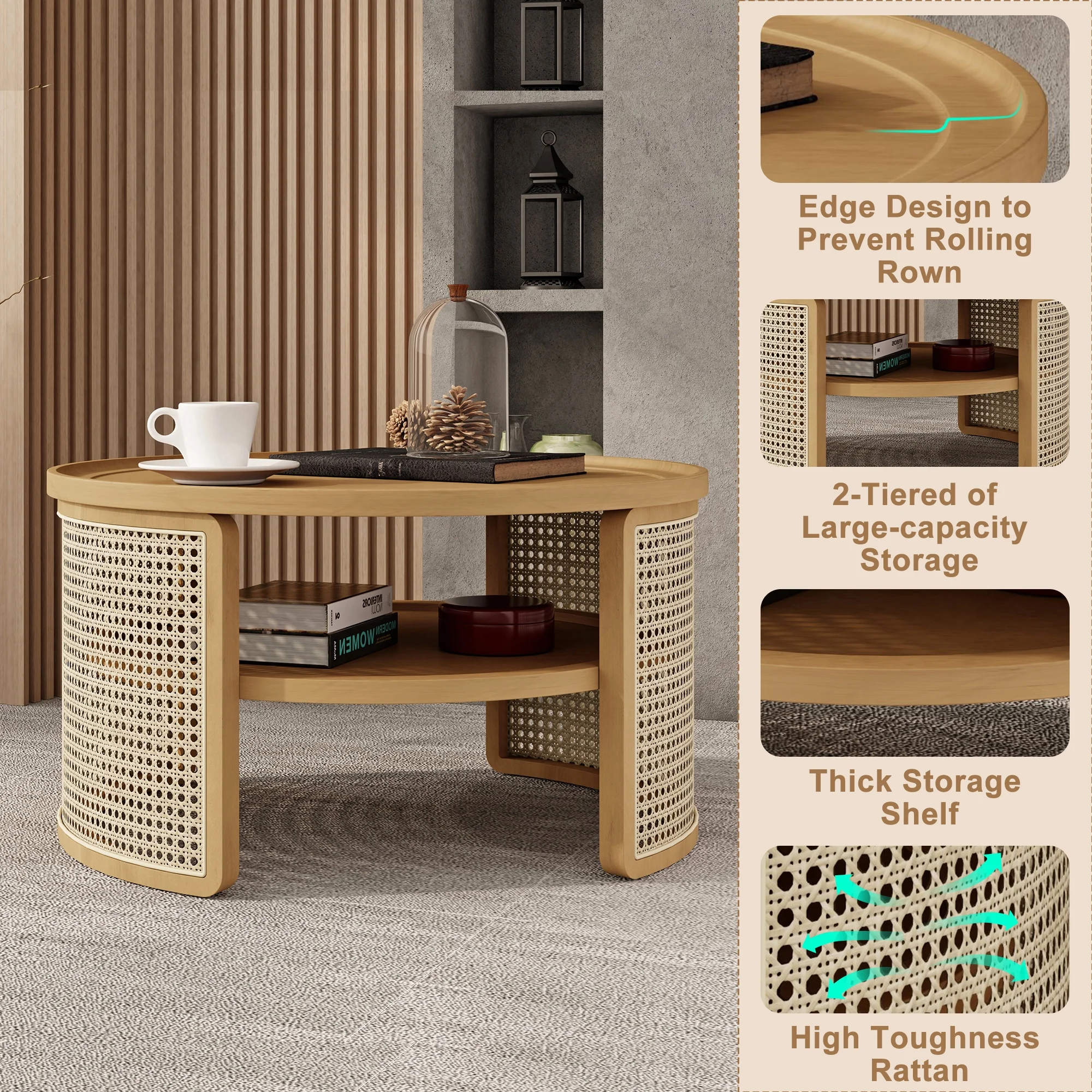 Harper & Bright Designs Rattan Round Coffee Table with Storage Shelf, Round Cane Wood Center Table for Living Room, 37'' Brown - Image 45