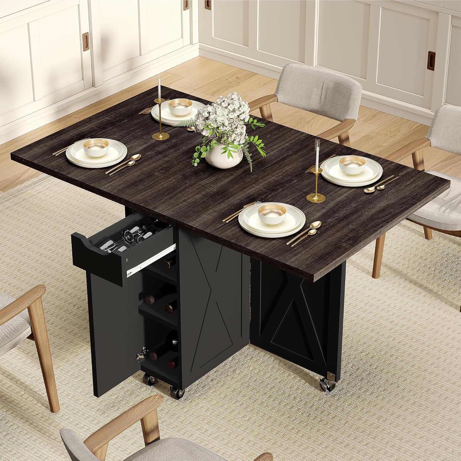 Space Saving Folding Dining Table with 2 Tier Storage-Extendable Drop Leaf Farmhouse Wood Kitchen Dining Room Tables Set for 4, Folding Kitchen Table with 6 Wheels, (Chestnut and Brown)