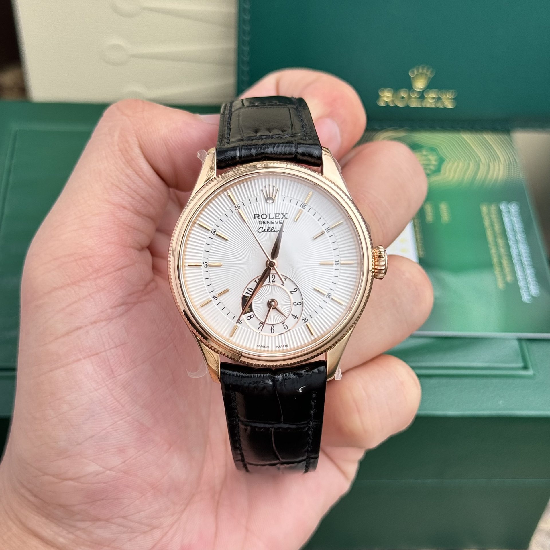 Rolex Replica 1:1 Watch Cellini 50525 White Face Black Leather Strap 39mm - Elite Watch Atelier