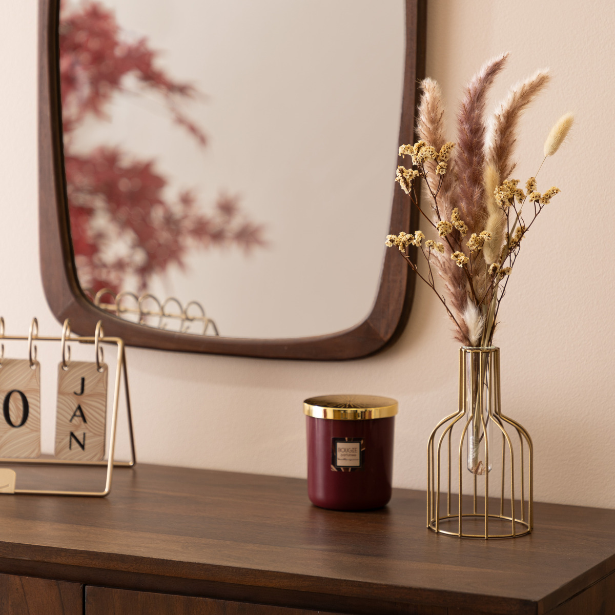 Dried flower composition "Autumn" Gold-tone metal, pink, H.40 cm