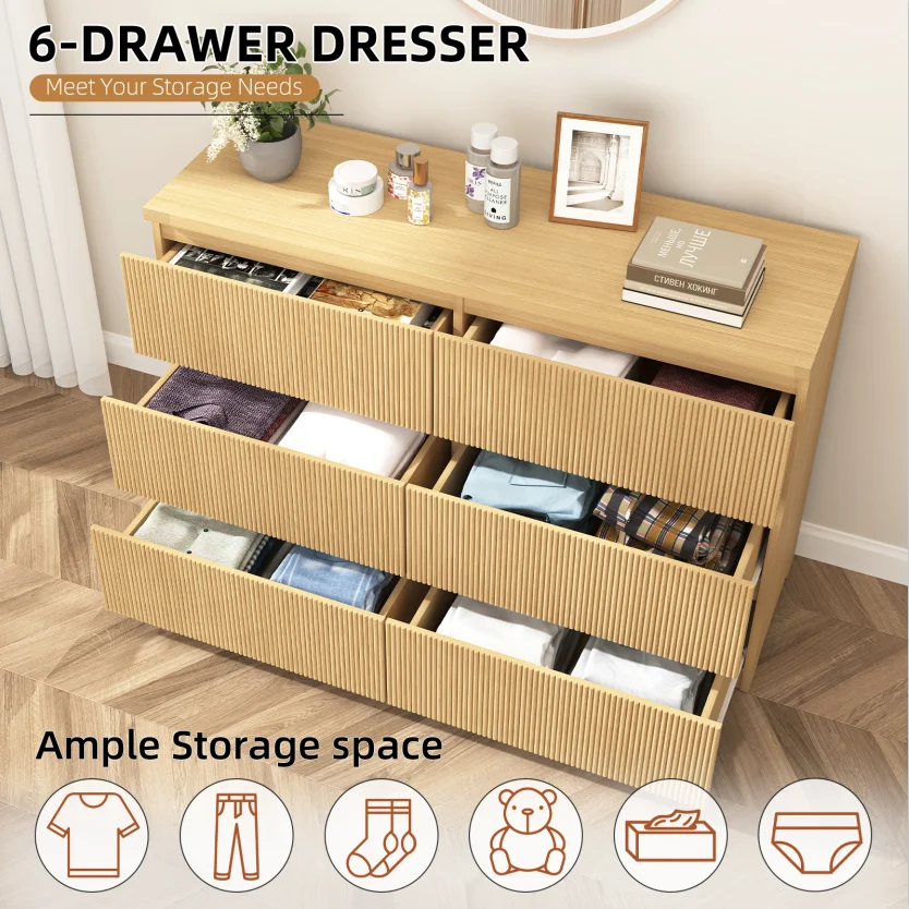 Fluted 6 Drawers Dresser, Wide Modern Chest of Drawers, Curved Profile Design, Dresser TV Stand, Wood Drawer Organizer for Bedroom, Living Room, Hallway - Image 12