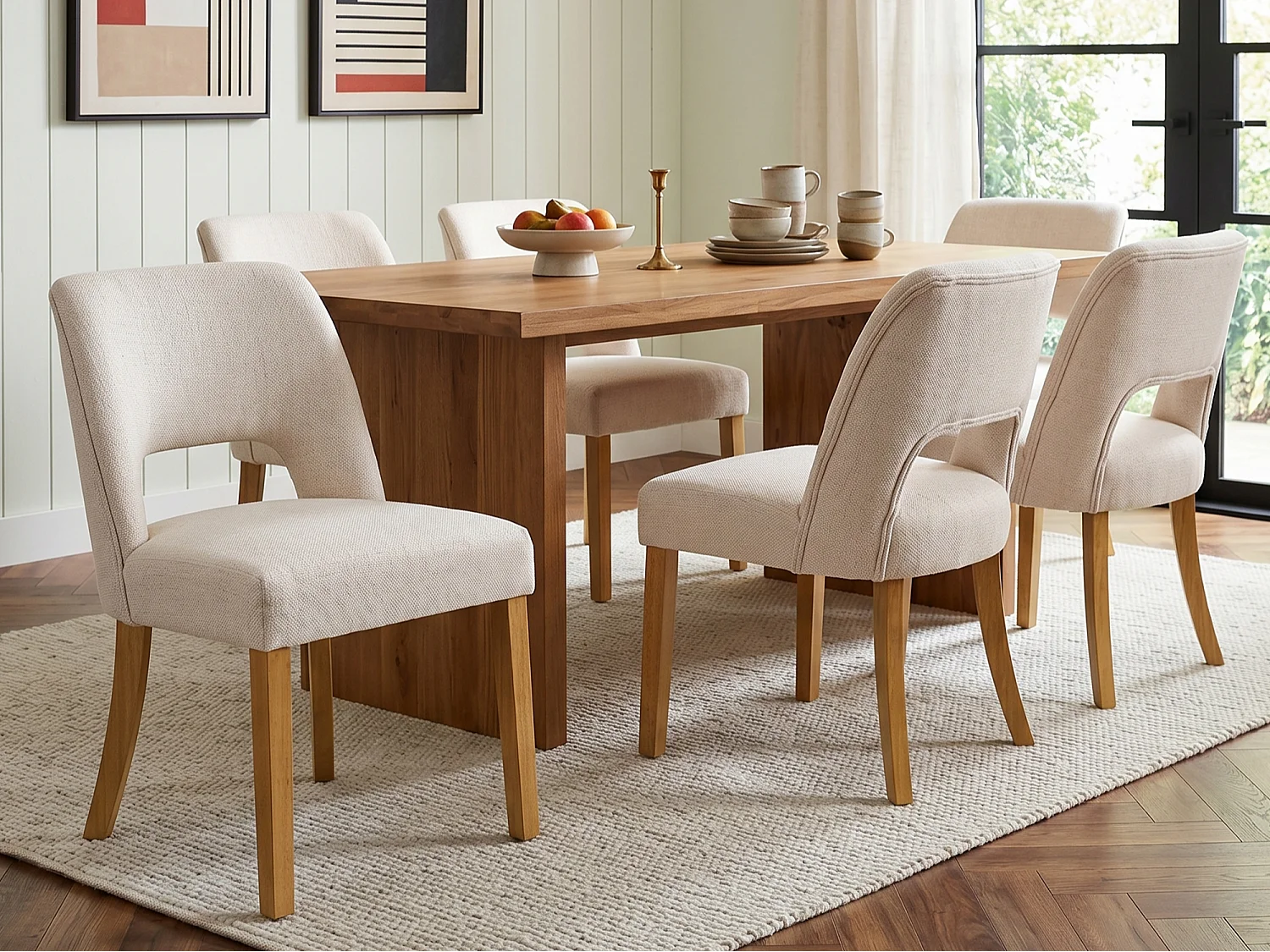 Lot de 6 chaises de salle à manger modernes - Confortables et respirantes - Tissu lin - Pieds en bois massif - Beige
