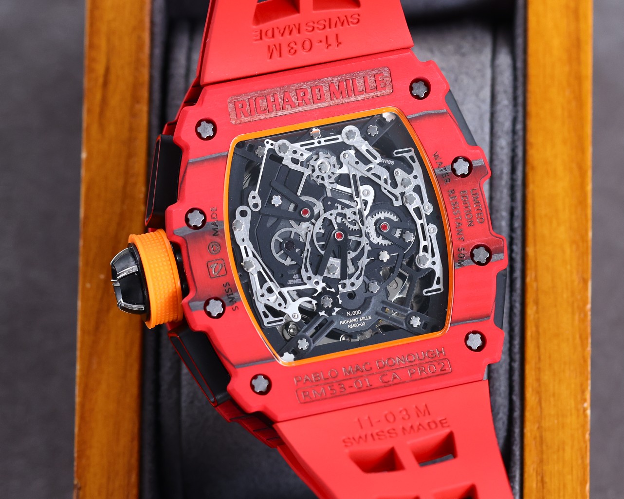 Best Richard Mille RM 50-03 Mclaren Replica Red Strap Watch For Men – Red Carbon Skeleton Dial with Swiss Movement - Elite Watch Atelier