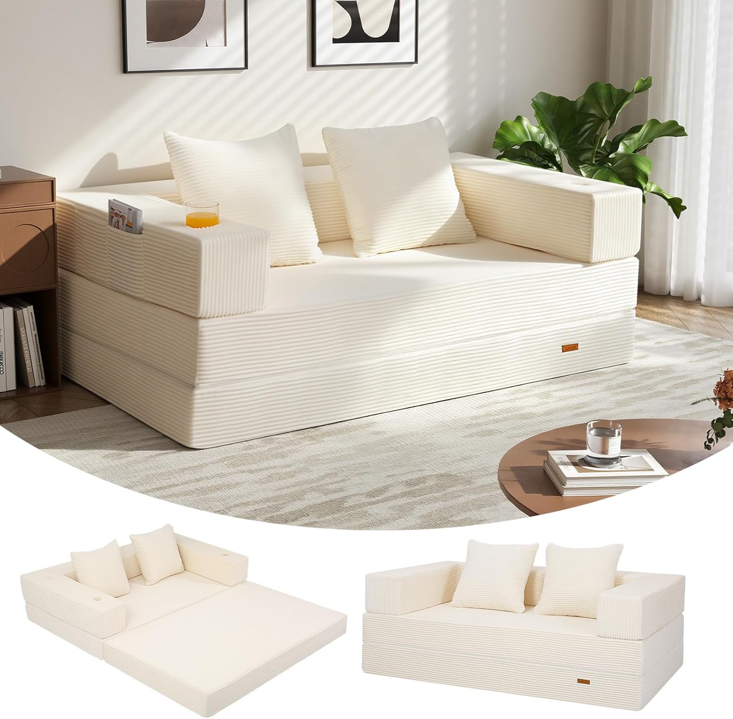COMAX Futon Sofa Bed, 4‑in‑1 Convertible Sofa Bed, Folding Boneless Couches for Living Room, Fold Out Small Foldable Loveseat Floor Sleeper Comfy Mattress Lounge Space‑Saving, Beige