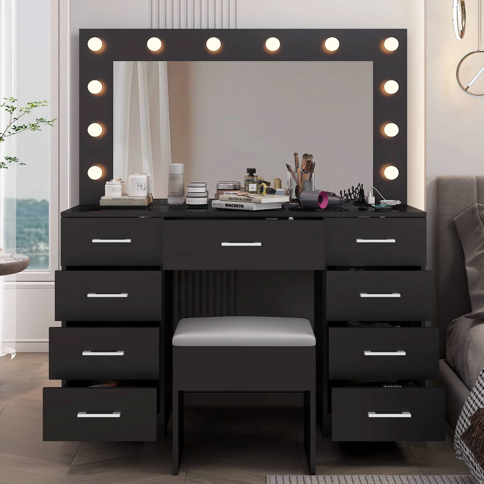 Ktaxon Large Makeup Vanity, Vanity Table Set w/ Visible Glass Top w/ Charging Station, White - Image 59