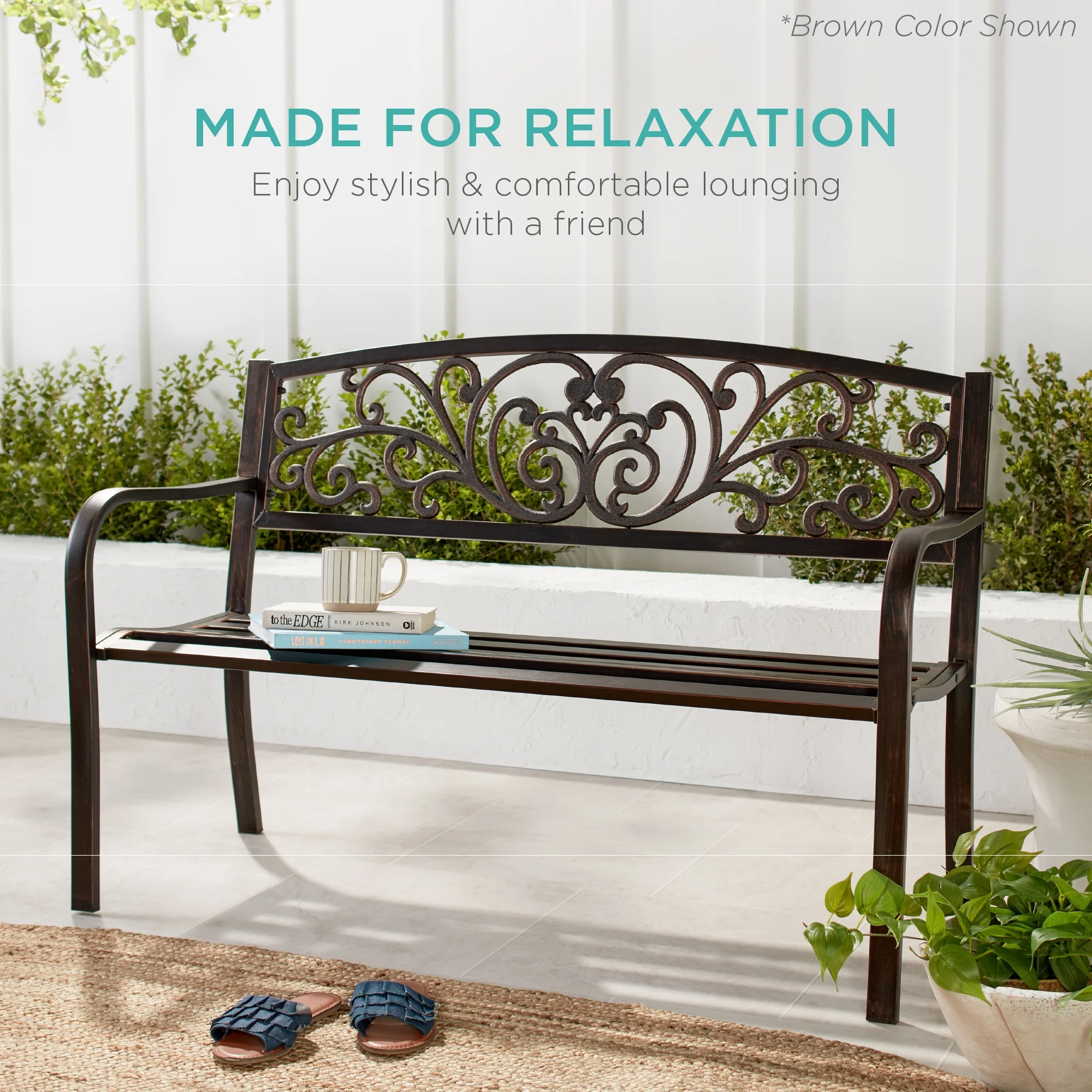 Best Choice Products Outdoor Steel Bench Garden Patio Porch Furniture w/ Floral Design Backrest - Black - Image 100