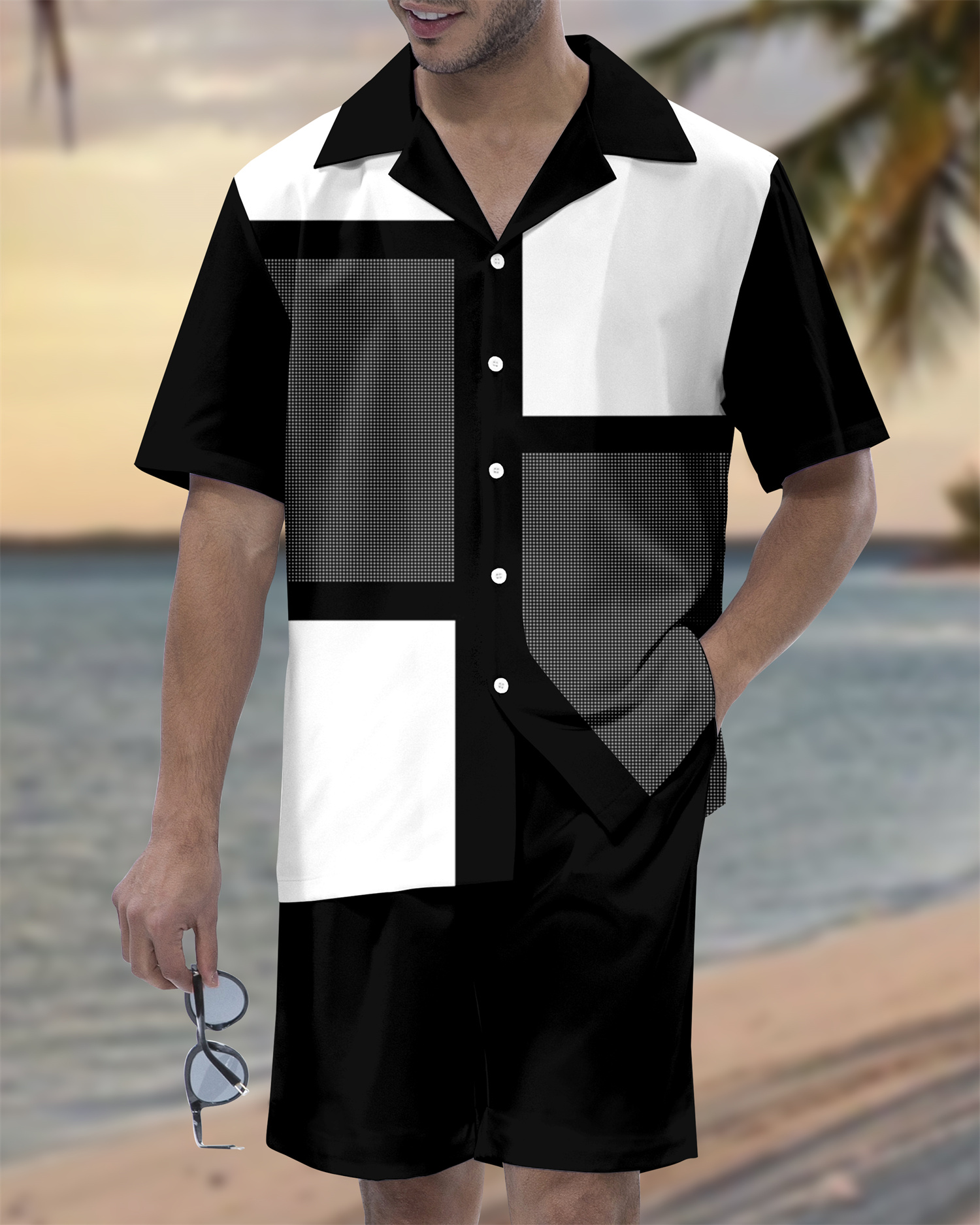 Suitmens Men's Hawaiian Vacation Plaid Print Short Sleeve Set 118