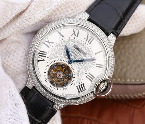 Replica Cartier Ballon Bleu de Cartier Tourbillon SS paved Diamonds Leather Strap - Elite Watch Atelier