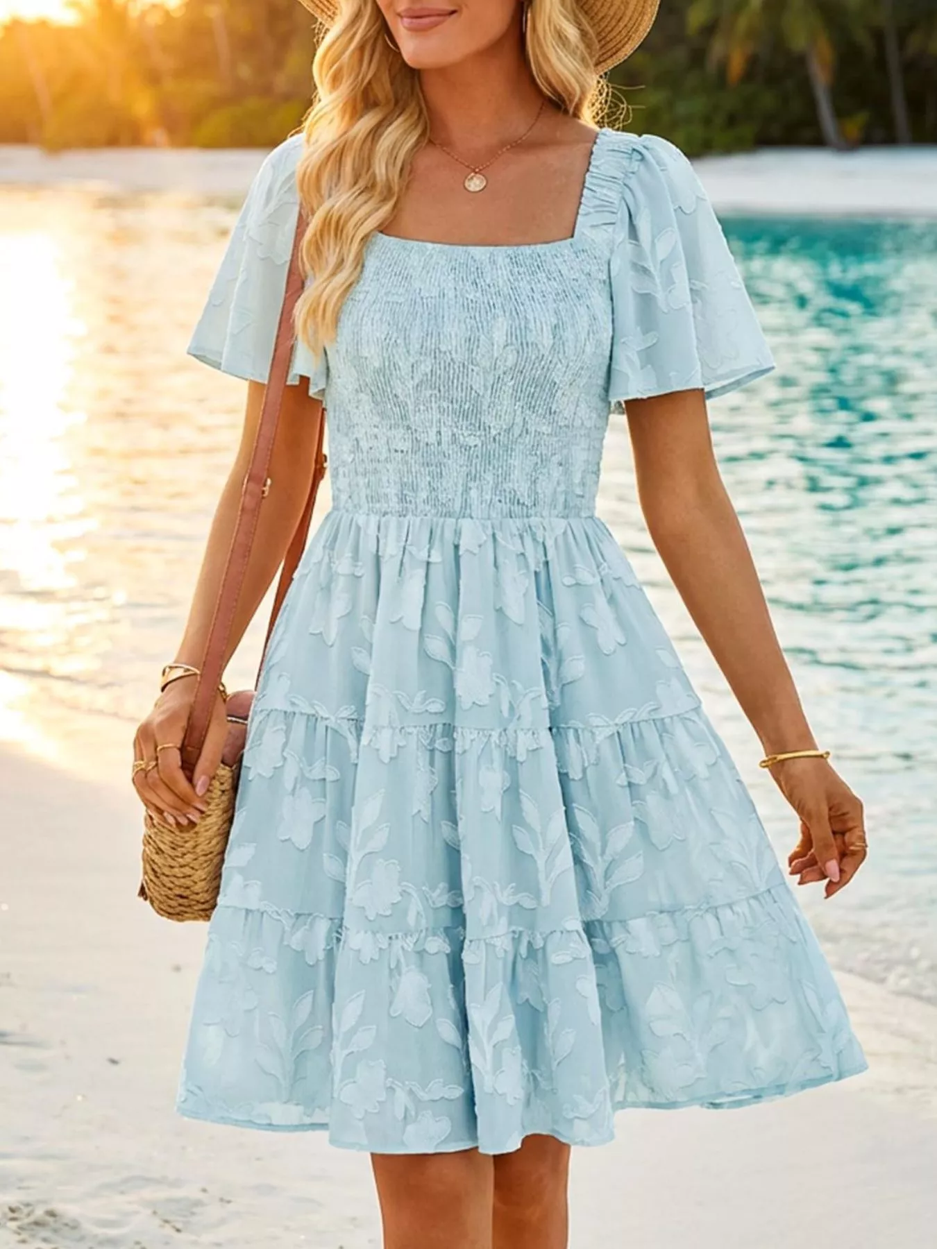 Smocked Square Neck Tiered Mini Dress - ZKZOOK