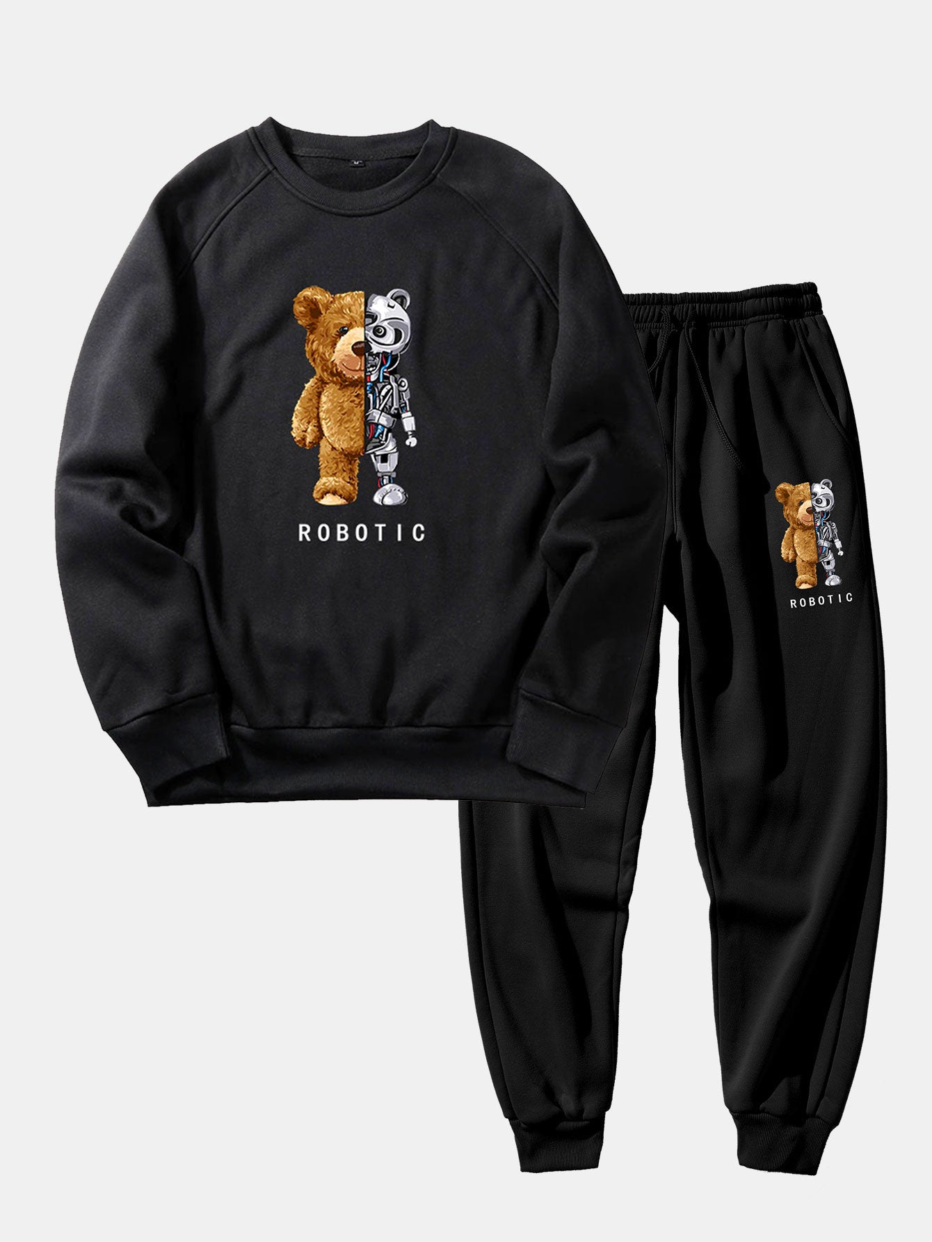 Robot Bear Print Raglan Sleeves Sweatshirt & Jogger Pants